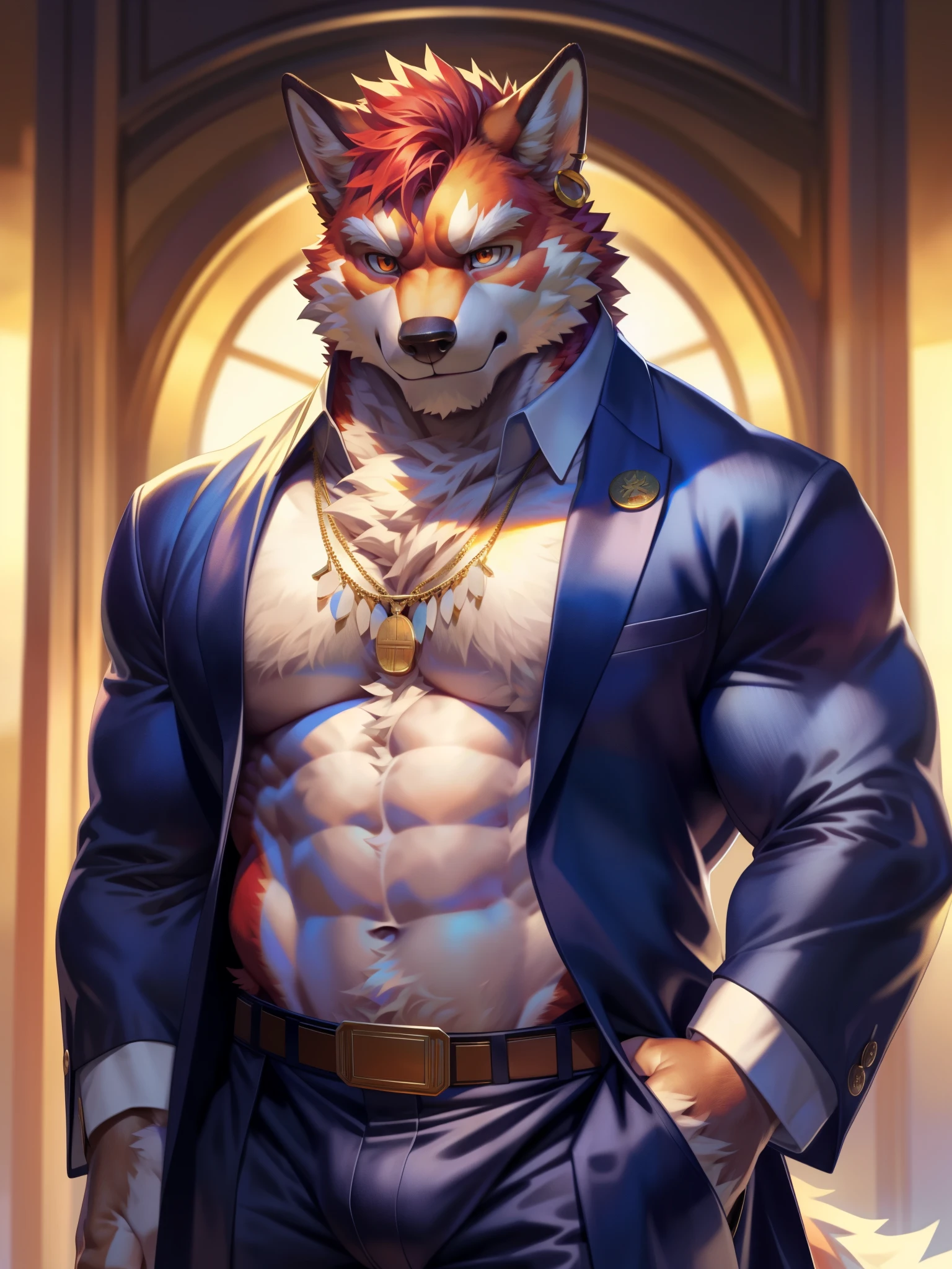solo,anthro,furry,furry male, red wolf,((fluffy fur, fluffy, furry body)), (red wolf), vibrant red body, orange eyes, tail, detailed fluffy fur, detailed face, detailed eyes, detailed white chest, thick eyebrows, detailed white abs, red hair, full body, blue decorated captains coat, white dress pants, white collard shirt, button up shirt, necklace, gold trim collar,(by null-ghost,by raccoon21, masterpiece,high quality, hi res, 8k hd),close-view portrait, looking at viewer, night, indoor, pose, earring, belt buckle, facepalm, disappointed, upset, scared, cringe