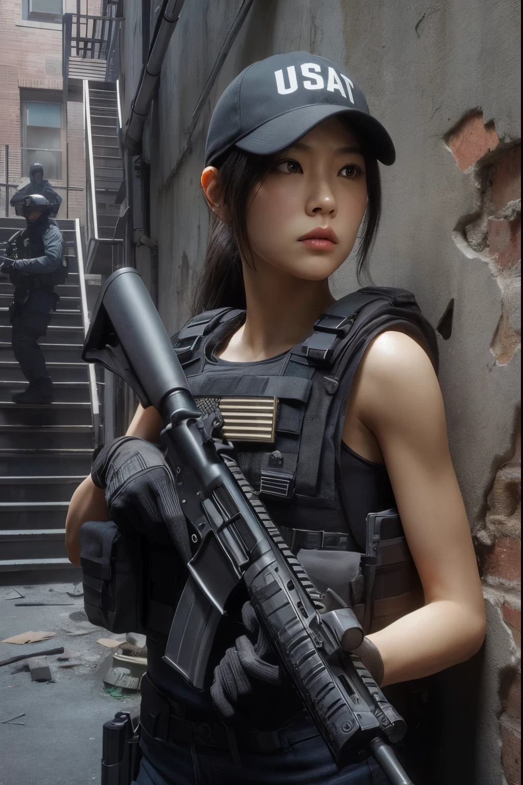 Japanese women in the US military、Holding an automatic rifle and looking nervous、bulletproof vest、Backpack、A detailed depiction of Hulk holding an automatic rifle in a post-apocalyptic setting. The focus should be on the realistic skin texture of Hulk, capturing every nuanced detail. The scene should be gritty, with debris and impurities scattered around. The colors should be vibrant, contrasting against the desolate backdrop. The lighting should be intense, casting dramatic shadows and highlights on Hulk and the surrounding environment. The image should be of the best quality, with high resolution and a photorealistic rendering.