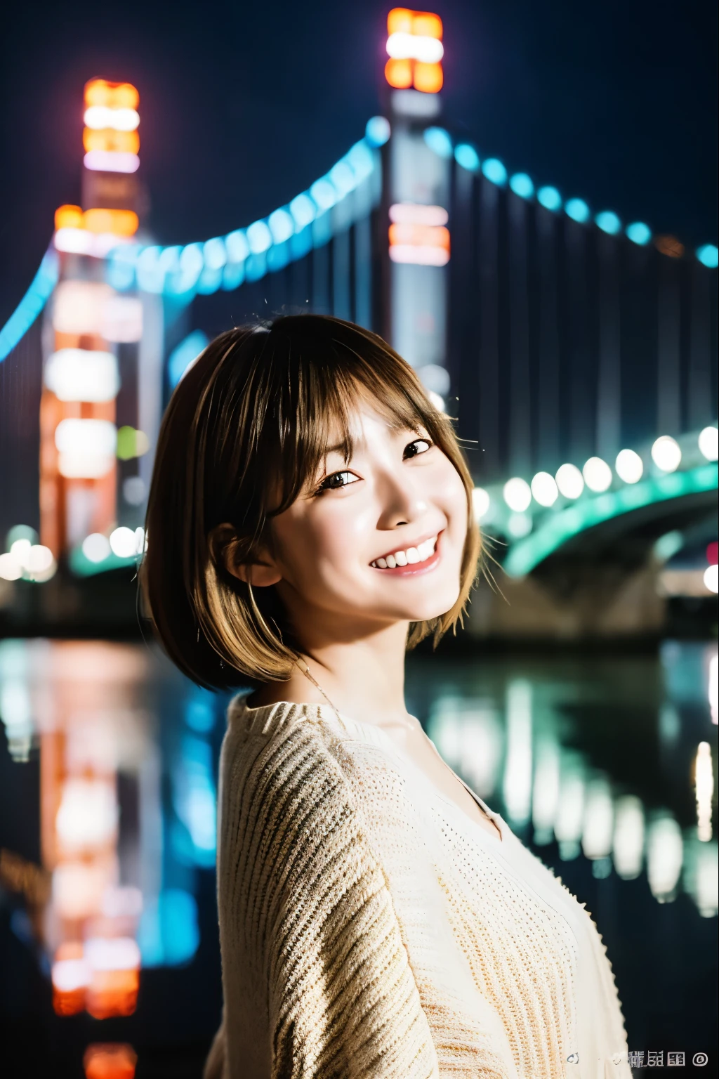 japanese model, beaultiful girl gender, short hair style, blonde hair, photo style, portrait layout, from front angle, upper body focus, direct eye contact, laughing, tokyo tower in background, night time, standing pose, wearing thin white knit sweater, beautiful composition, cinematic lighting, extremely detailed, 8k, cinematic postprocessing, {{bad fingers,bad-anatomy,missing-fingers}}, {{signature,watermark,username,artist name}}, {{retro style,poor-quality}}