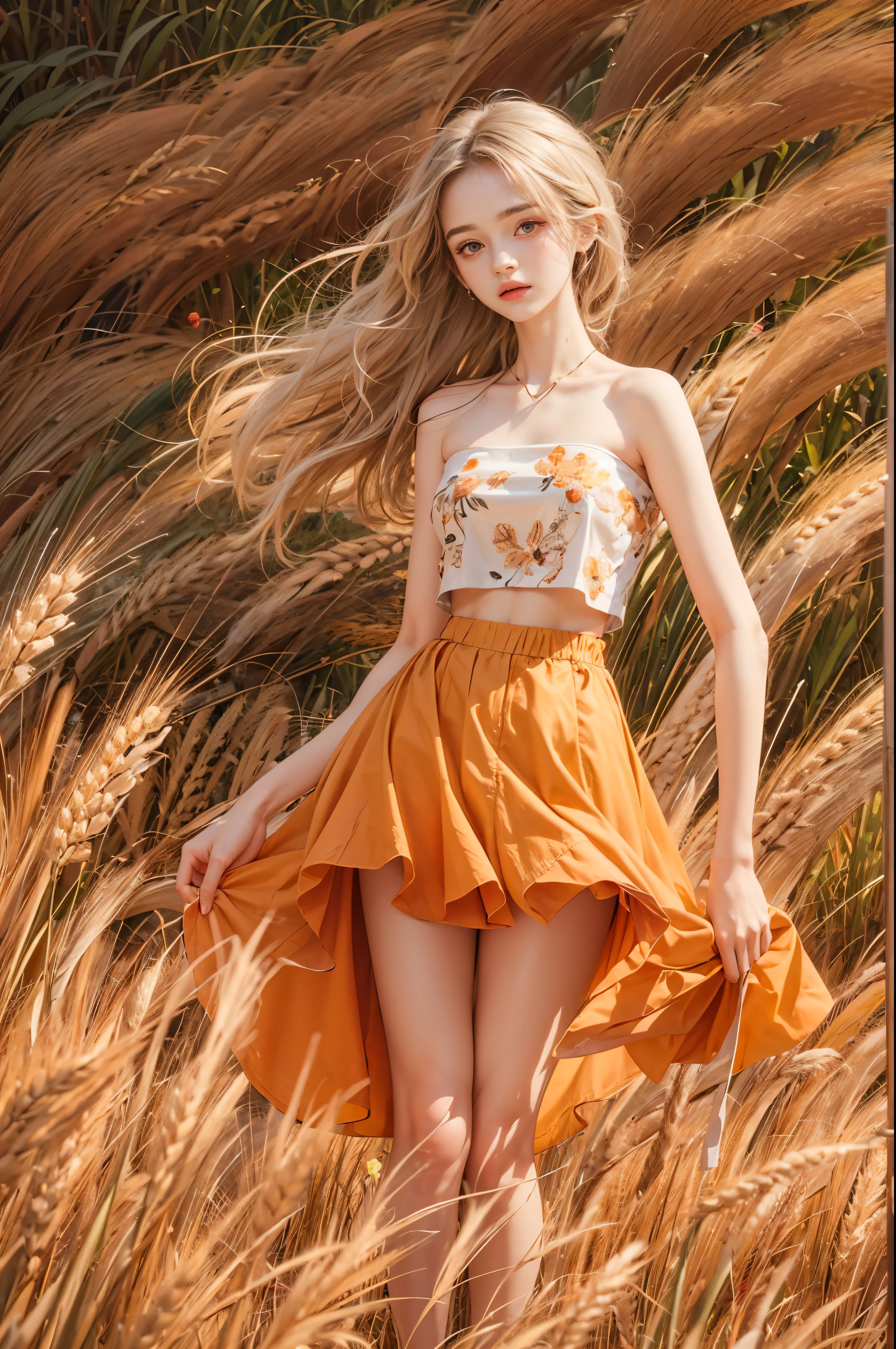masterpiece, best quality, high quality, High definition, High quality texture, High quality shadow, high detail, beautiful detailed, finely detailed, extremely detailed cg, detailed texture, a realistic representation of the face, realistic, colorful, delicate, sharp focus, (intricate details, makeup, PureErosFace_V1:0.5), (detailed beautiful delicate face, (detailed beautiful delicate eyes), a face of perfect proportion, high detailed skin, detailed skin, best ratio four finger and one thumb, skiny and thin:1.3), 1girl, , tall, (smooth_abs:1.55), (abs:0.5), pretty, masterpiece, highres, (long_skinny_legs), (straight_legs), (skinny_waist), (((fair skin))), white skin, (((pale skin))), (Emma_watson), big_breast, (((Caucasian))), Light blonde hair, orange Bandeau, orange short pleated skirt, ((loose fitting clothes, big clothes)), ((crop top)), standing legs apart, looking at viewer, full body, ((showing abdomen)), portrait of cute blonde girl, standing on a wheat field (((looking away))), bloom, orange fog, motion, wispy hair, realism, high-quality rendering, stunning art, high quality, film grain, Fujifilm XT3, dreamy,