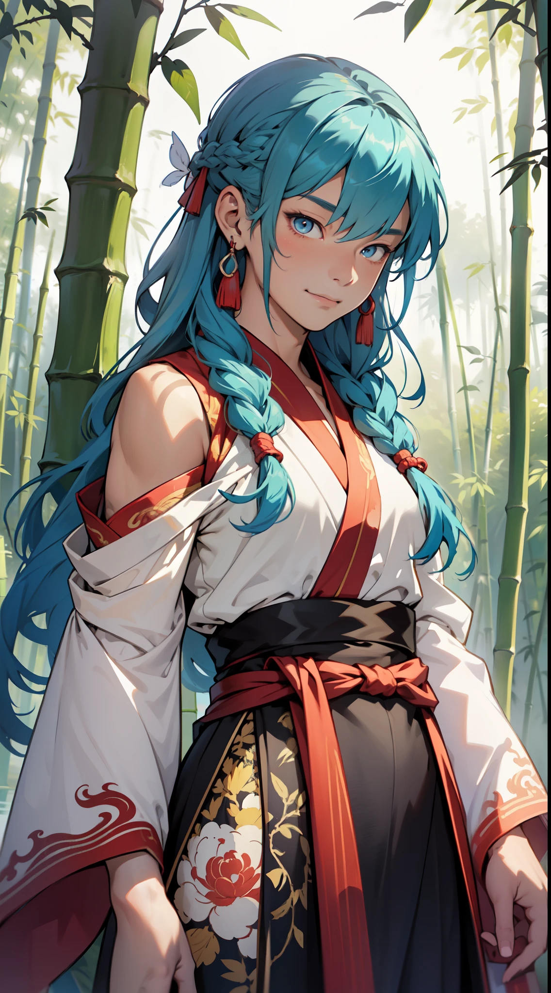 Masterpiece, best quality, official art, 8k wallpaper, very detailed, illustration, 1 boy, chinese style, ink, sky blue hair, long hair, detailed eyes, forrest fun, bare shoulders, hanfu, lake, pure, soft smile, bamboo, tea
