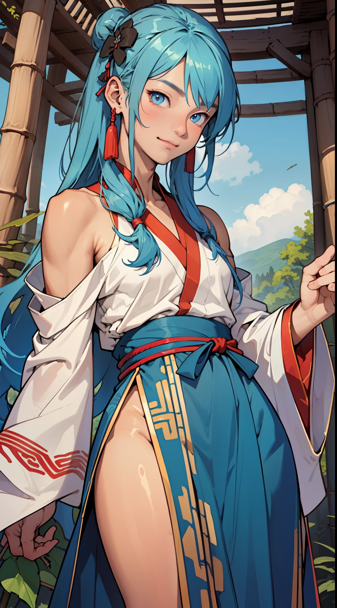 Masterpiece, best quality, official art, 8k wallpaper, very detailed, illustration, 1 boy, chinese style, ink, sky blue hair, long hair, detailed eyes, forrest fun, bare shoulders, hanfu, lake, pure, soft smile, bamboo, tea