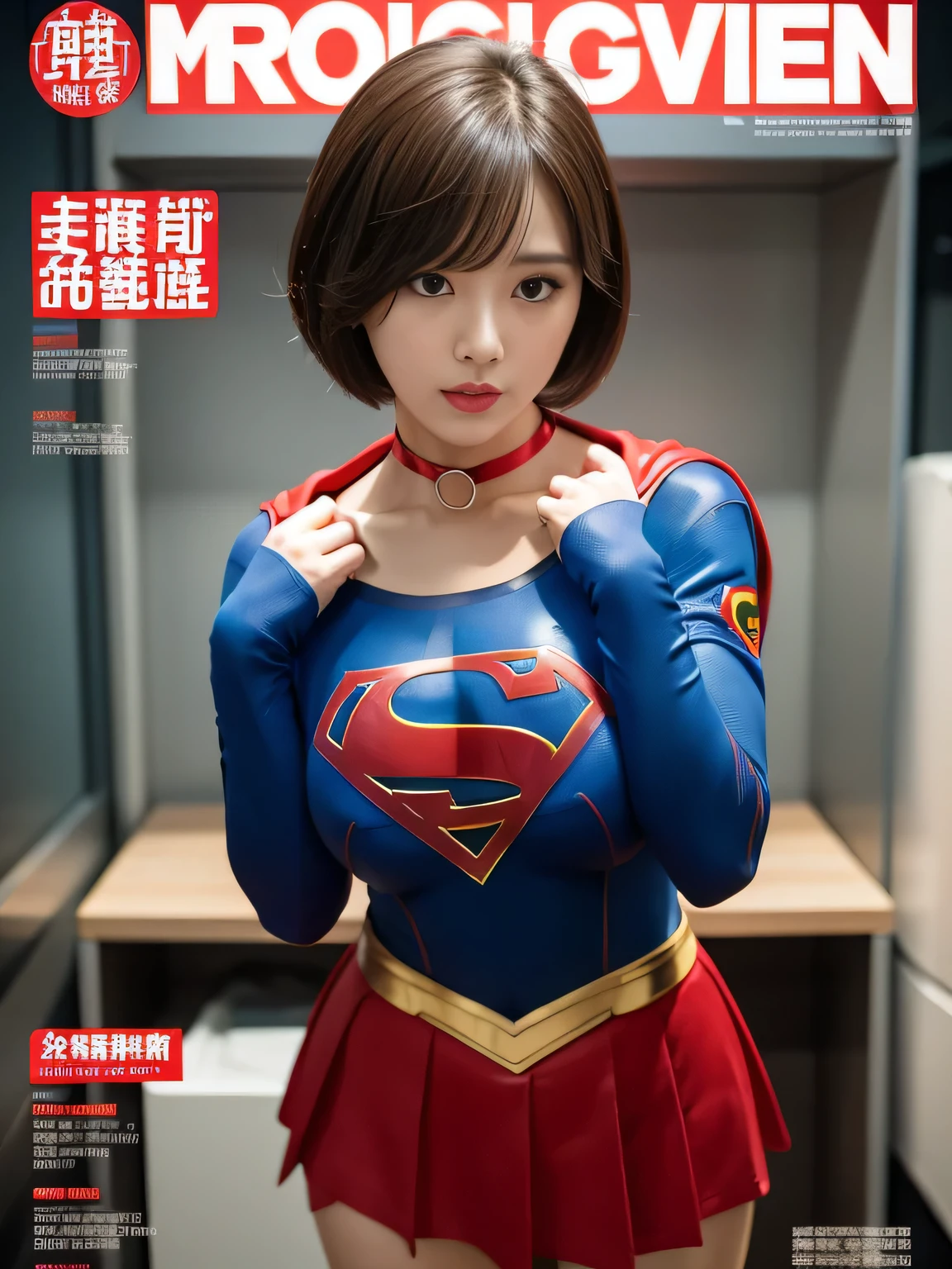masterpiece、supergirl costume、short hair、barefoot, big and full breasts、execution stand、operating room、operating table、straddle、sweating、shiny、look at the camera、provocation、Estrus、choker、Weekly magazine cover、long sleeve、red mini skirt、obscene pose、Seduce、humiliating