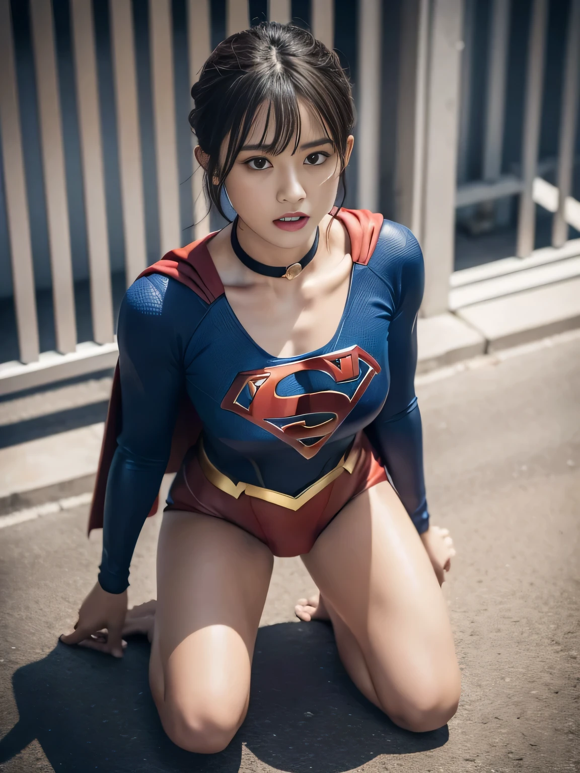 masterpiece、supergirl costume、short hair、barefoot、big and full breasts、Crisis situation、Complete surrender、prison、in a cage、imprisonment、kneel down、sweaty、shiny、looking at camera、Seduce、choker、long sleeve、red sexy pose、POW camps、humiliating