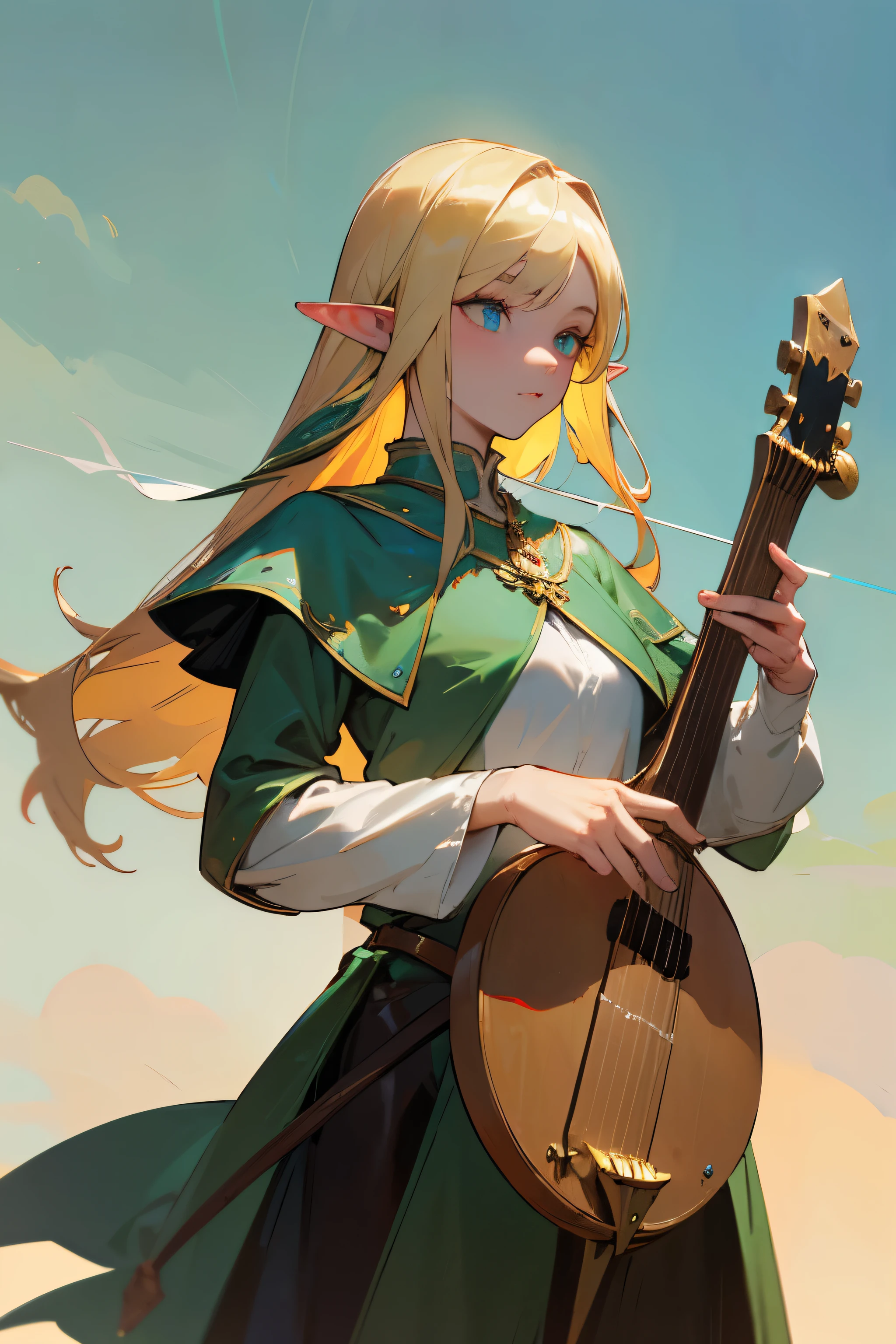 (best quality, high resolution, masterpiece:1.2), Super detailed, actual:1.37, portrait, middle Ages, Elf, blonde hair, White skin, charming eyes, Left eye emerald green, Sky blue right eye, thin and long, High, wearing leather armor, Holding the pipa, With a longbow on his back, Surrounded by musical notes.