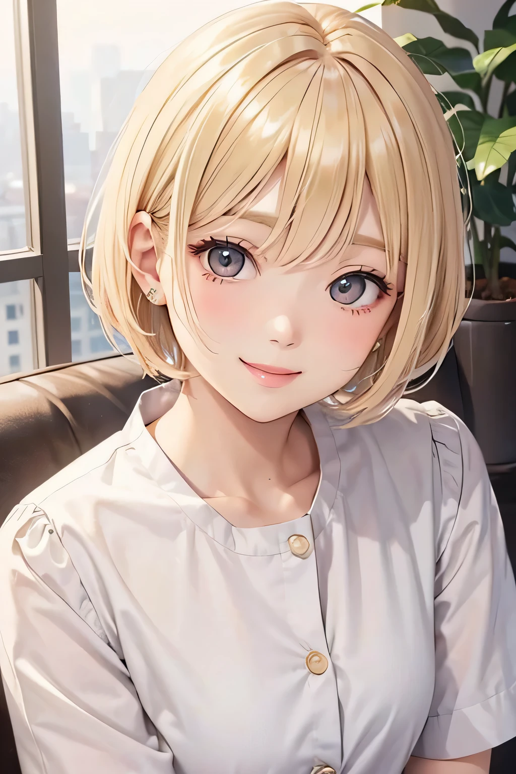 blonde、short hair、girl１、close up of face、sit、smile、Date attire
