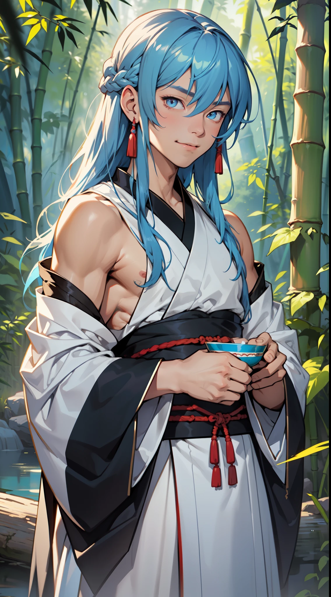 Masterpiece, best quality, official art, 8k wallpaper, very detailed, illustration, 1 boy, male, chinese style, ink, sky blue hair, long hair, detailed eyes, forrest fun, bare shoulders, hanfu, lake, pure, soft smile, bamboo, tea