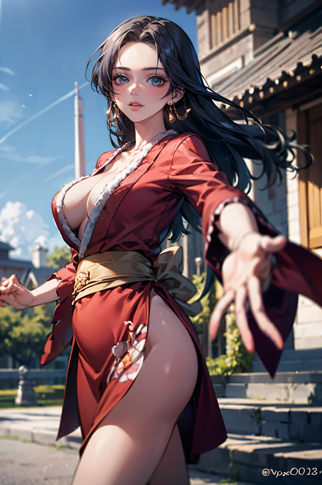 masterpiece, highest quality, absurd, perfect , Unity 8k 壁紙,best anime,dynamic angle、action pose:cutting action、cowboy shot,20 year old beauty、boa hancock,black hair,long hair,center parted bangs,slender body,,Please turn your body towards the viewer.、waitress,plain red kimono、Red slit skirt、outdoors、japanese castle、