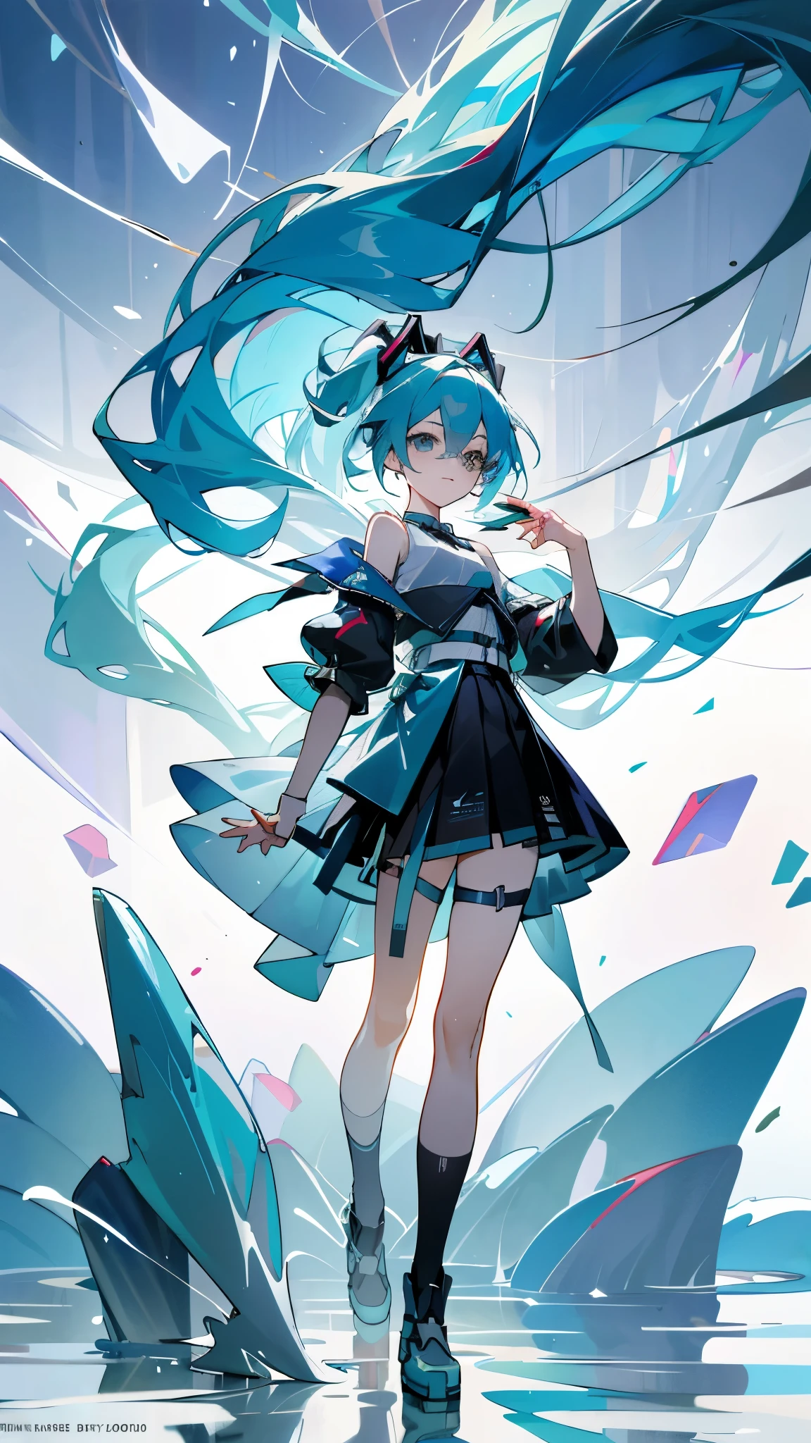 An anime character with long blue hair and a black skirt walking, friends, Hatsune Miku, from Arknights, singing voice, mikudayo, Fashion Design, Hatsune Miku short hair, 清晰的Fashion Design, Produced by Anime Painter Studio, Portrait of Hatsune Miku, full-body xianxia, Popular topics on artstation pixiv