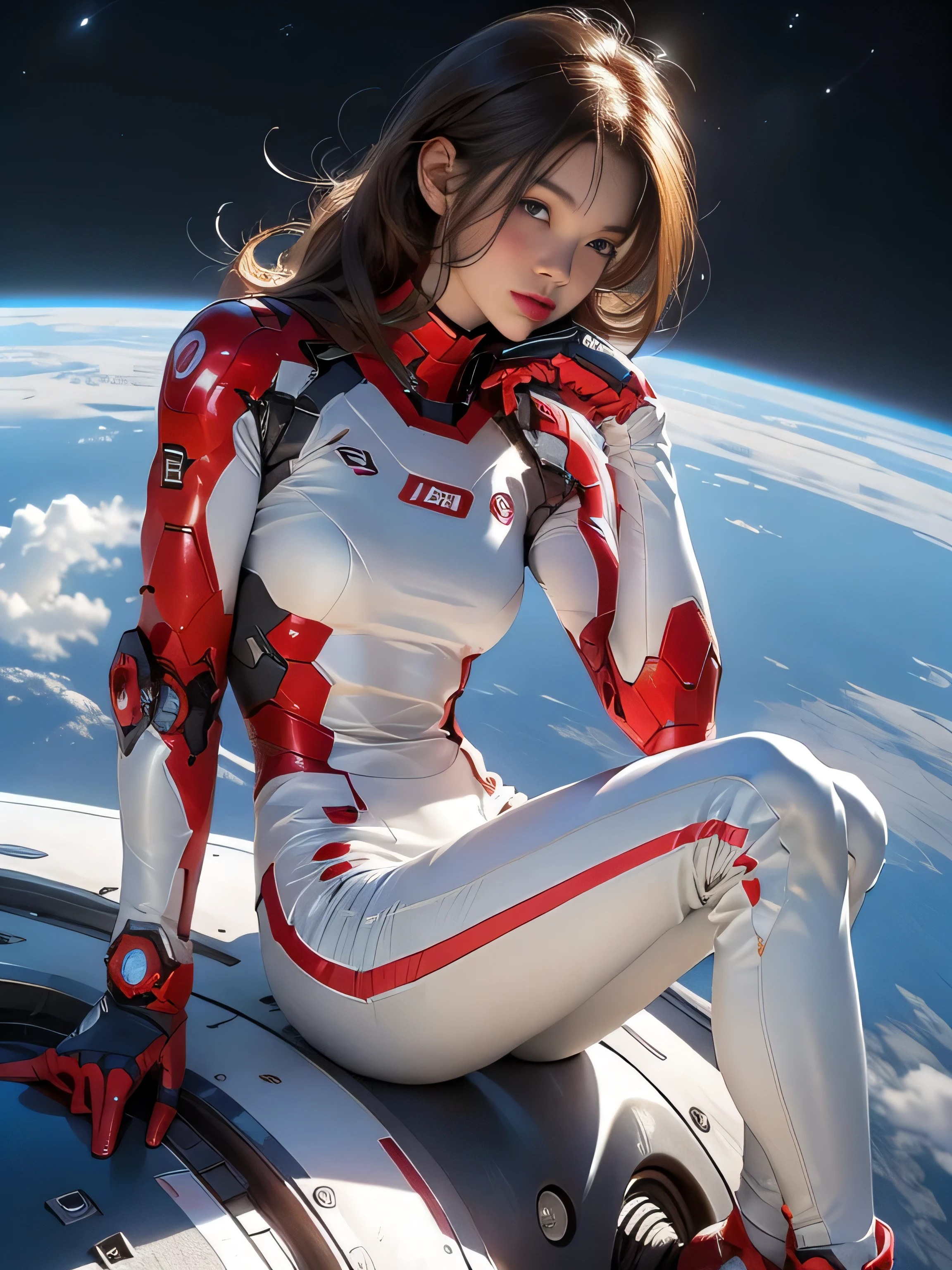 sandy hair muscular large breasts slender thighs slender waist White Ironman suit solo looking at viewer in space long hair blushing determination, Perfect Eyes, Full body Shot