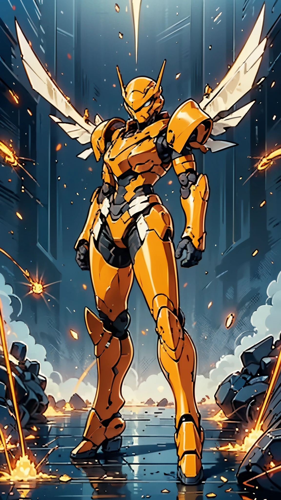 A woman adorned in fantasy-style full-body armor, a crown-concept fully enclosed helmet that unveils only her eyes, a composite layered chest plate, fully encompassing shoulder and hand guards, a lightweight waist armor, form-fitting shin guards, the overall design is heavy-duty yet flexible, ((the armor gleams with a golden glow, complemented by red and blue accents)), exhibiting a noble aura, she floats above a fantasy-surreal high-tech city, this character embodies a finely crafted fantasy-surreal style armored hero in anime style, exquisite and mature manga art style, (Queen bee mixed with Spider concept Armor, plasma, blood), ((Element, energy, elegant, goddess, femminine:1.5)), metallic, high definition, best quality, highres, ultra-detailed, ultra-fine painting, extremely delicate, professional, anatomically correct, symmetrical face, extremely detailed eyes and face, high quality eyes, creativity, RAW photo, UHD, 32k, Natural light, cinematic lighting, masterpiece-anatomy-perfect, masterpiece:1.5