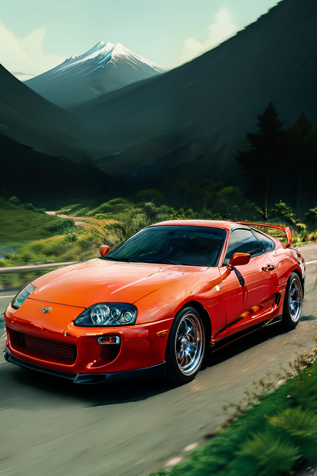 a close up of a car driving on a road near a mountain, inspired by Tim Doyle, toyota supra, striking detailed artstyle, automotive design art, by Tim Doyle, detailed vectorart, japanese drift car, in style of digital illustration, kentaro miura art style, inspired by Kentaro Miura, hyper detail illustration, highly detailed vector art, stunning art style