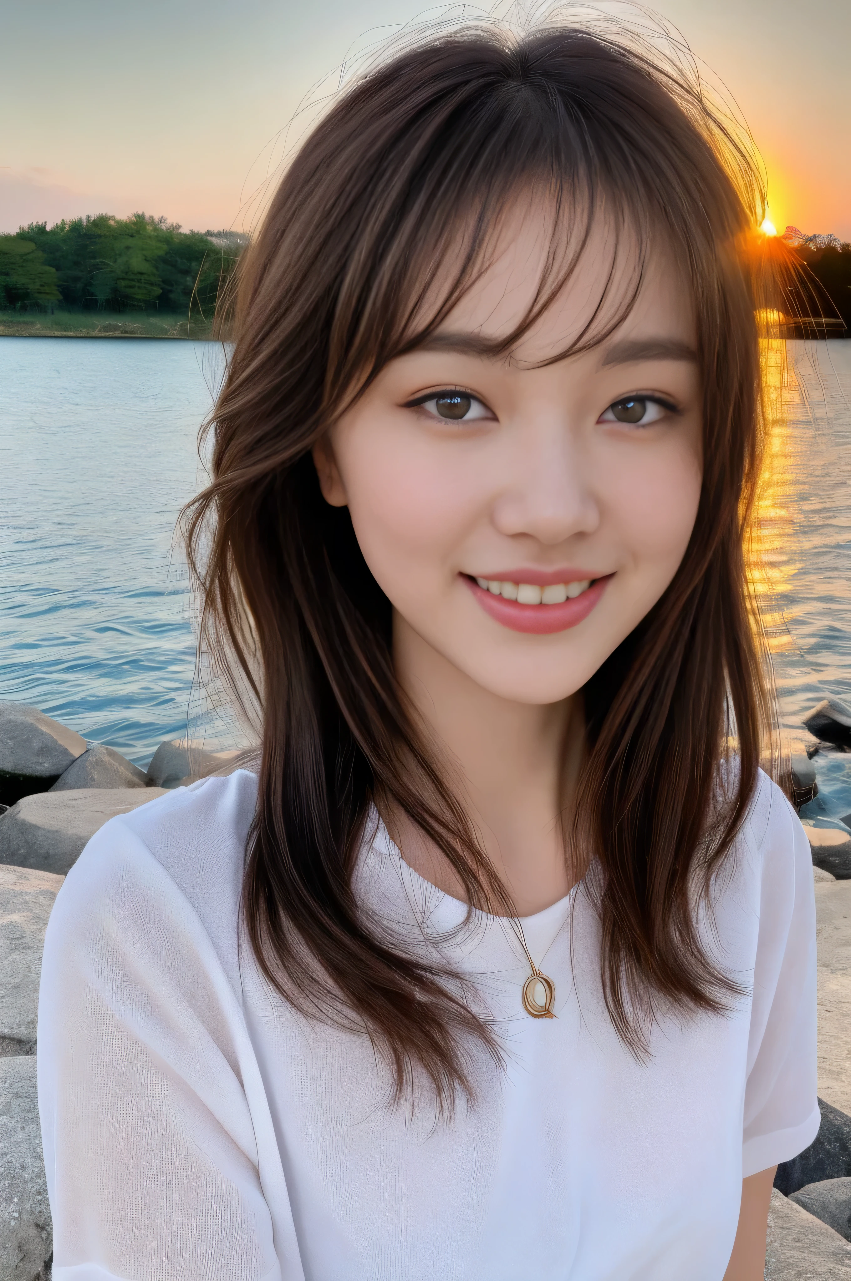 table top、(highest quality、4k、8k、High resolution、master piece: 1.2)、Super detailed、(real、photorealistic、photorealistic: 1.37)、full body shot、Complex and beautiful eyes、woman、shortcut、natural color lip、whiteTshirt、bold and sexy pose、smile、Ocean、20 year old girl、Cute and sexy shot looking at the camera。