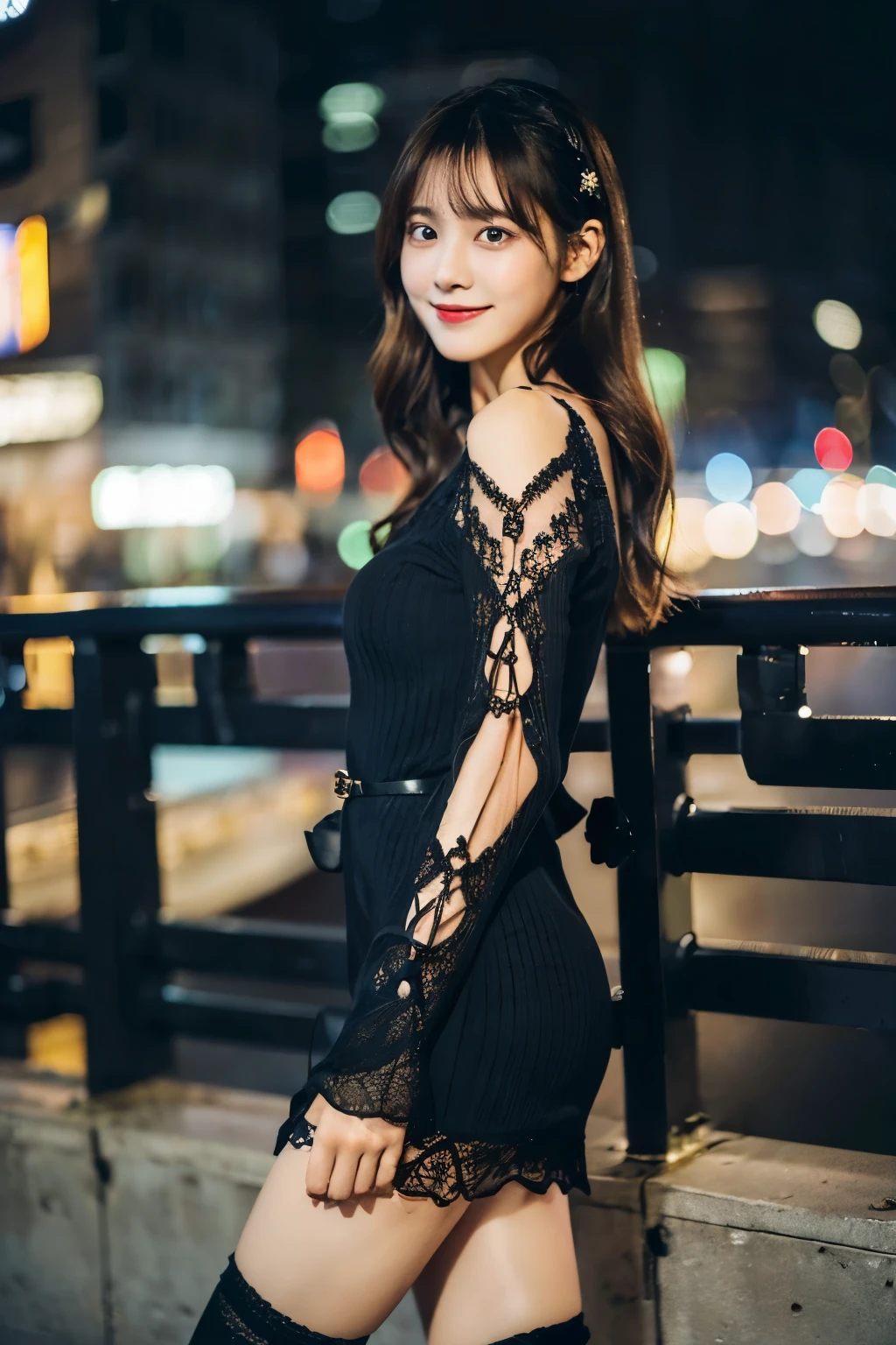ulzzang -6500-v1.1, (Raw photo:1.2), (Photorealsitic), a beautiful detailed girl, (Real: 1.4), extremely detailed eye and face, ((PastelColors、Knitted dresses、Super realistic black tights))、((Night city:1.4)), selfee, Instagram、game_nffsw, huge filesize, hight resolution, ighly detailed, top-quality, [​masterpiece:1.6], illustratio, ighly detailed, nffsw, finely detail, top-quality, 8k wallpaper, Cinematographic lighting, 1girl in, 17 age, perfect body type, cute droopy eyes beautiful big eyes、Pieckfinger, ((masutepiece)), Best Quality, 1girl in, eye shadow,  Portrait, ((FULL BODYSHOT:1.4))、(Very affectionate smile:1.2)、realistic skin textures、shinny skin、Exposed thighs!!!