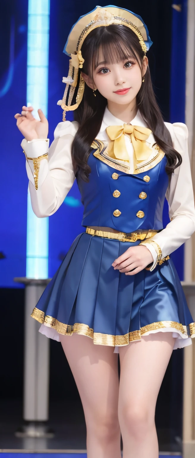 Beautiful female idol,Ponytail dressed in gorgeous outfits, Handheld microphone, full body shot shot. Tasteful atmosphere, Sparkly Colors, Impeccable figure, adorned in majestic attire,鎖骨, thigh gap, Small hips, Mini skirt, Matayom uniform,realisticlying,skin textures,Theater light