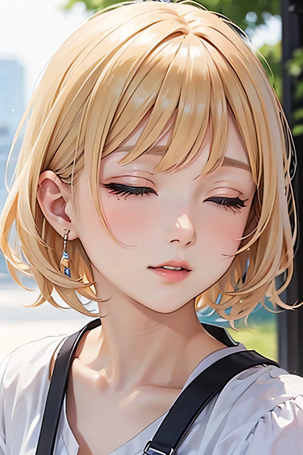 blonde、short hair、girl1、close up of face、sit、close ~ eye、Date attire
