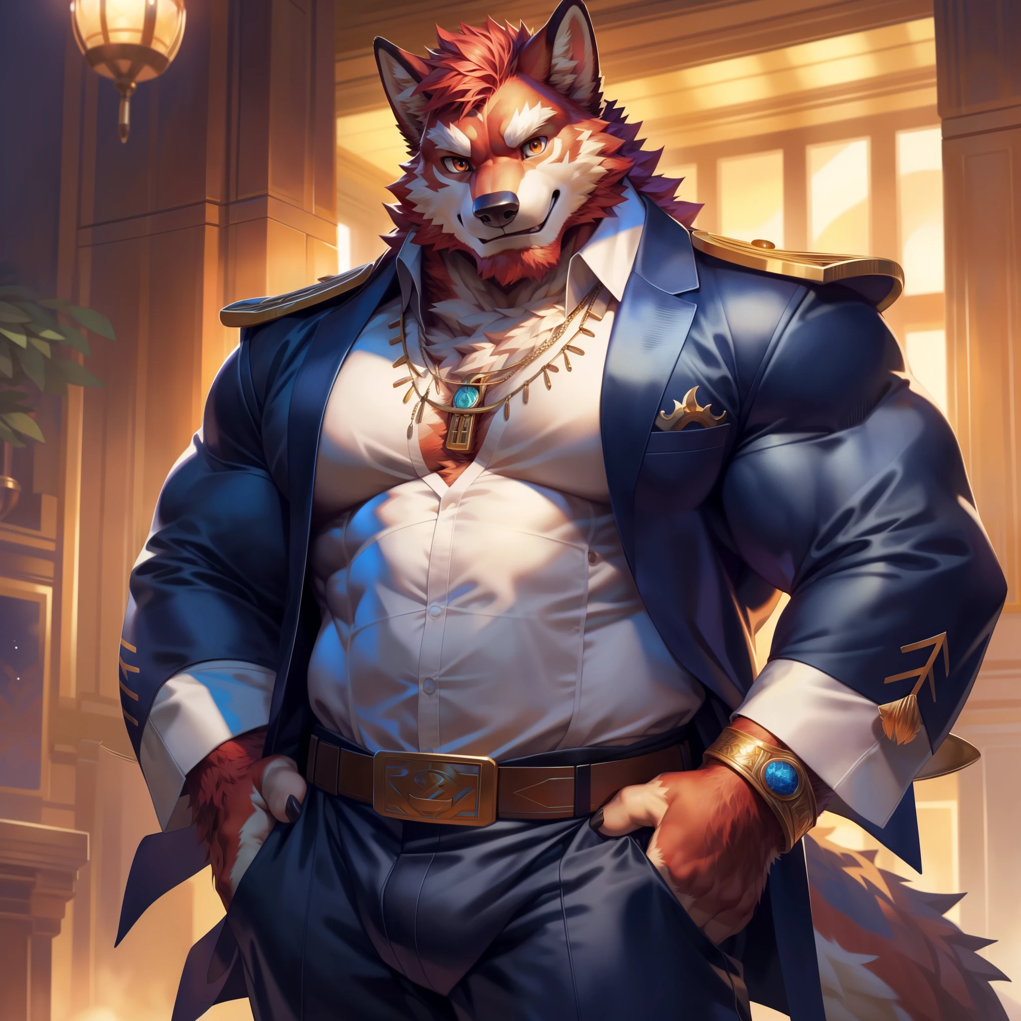 solo,anthro,furry,furry male, red wolf,((fluffy fur, fluffy, furry body)), (red wolf), vibrant red body, orange eyes, tail, detailed fluffy fur, detailed face, detailed eyes, detailed white chest, thick eyebrows, detailed white abs, red hair, full body, blue decorated pirate captains coat, white dress pants, navigation wheel necklace, white collard shirt, button up shirt, necklace, gold trim collar, red beard, grand fantasy hall,(by null-ghost,by raccoon21, masterpiece,high quality, hi res, 8k hd),close-view portrait, looking at viewer, night, indoor, standing, strong, powerful, belt buckle, pants,
