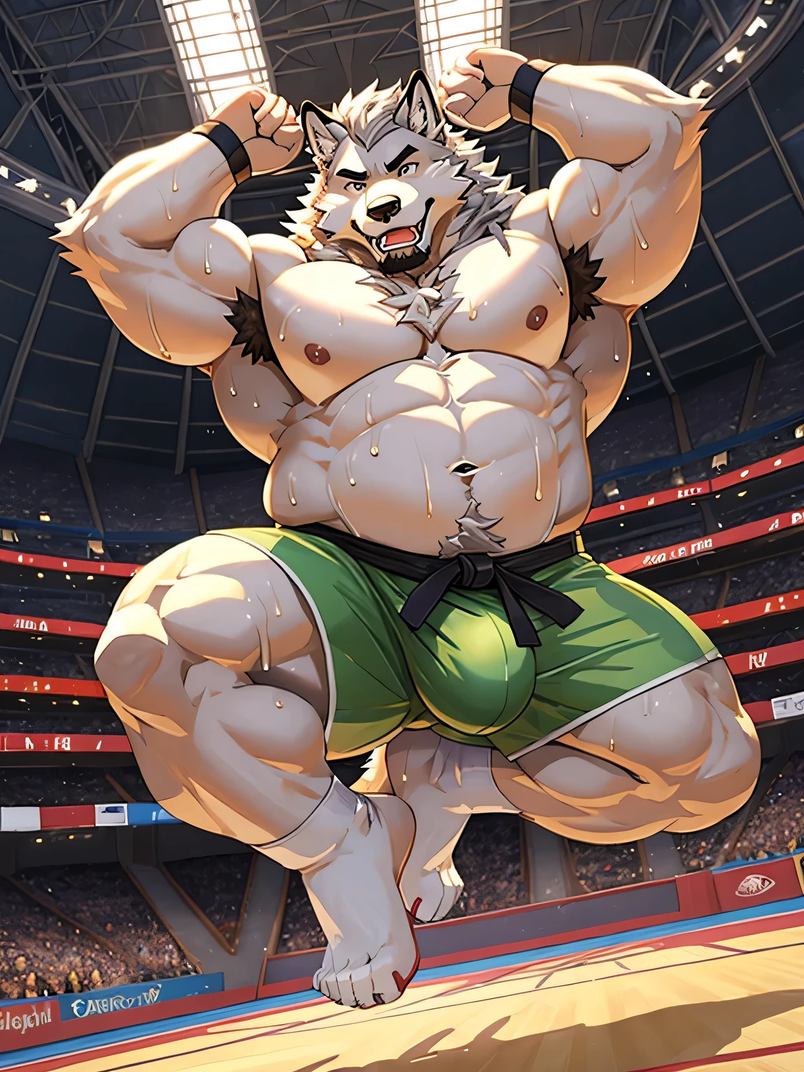 gray wolf、wild wolf face、Topless、white judo uniform、slightly obese abdomen、silver mane、pubic hair、navel hair、armpit hair、black eye、huge bulge in the crotch、Crotch about to burst、Judo Hall Background、Kicking pose、Pose with one arm raised、a lot of sweat、sideways face