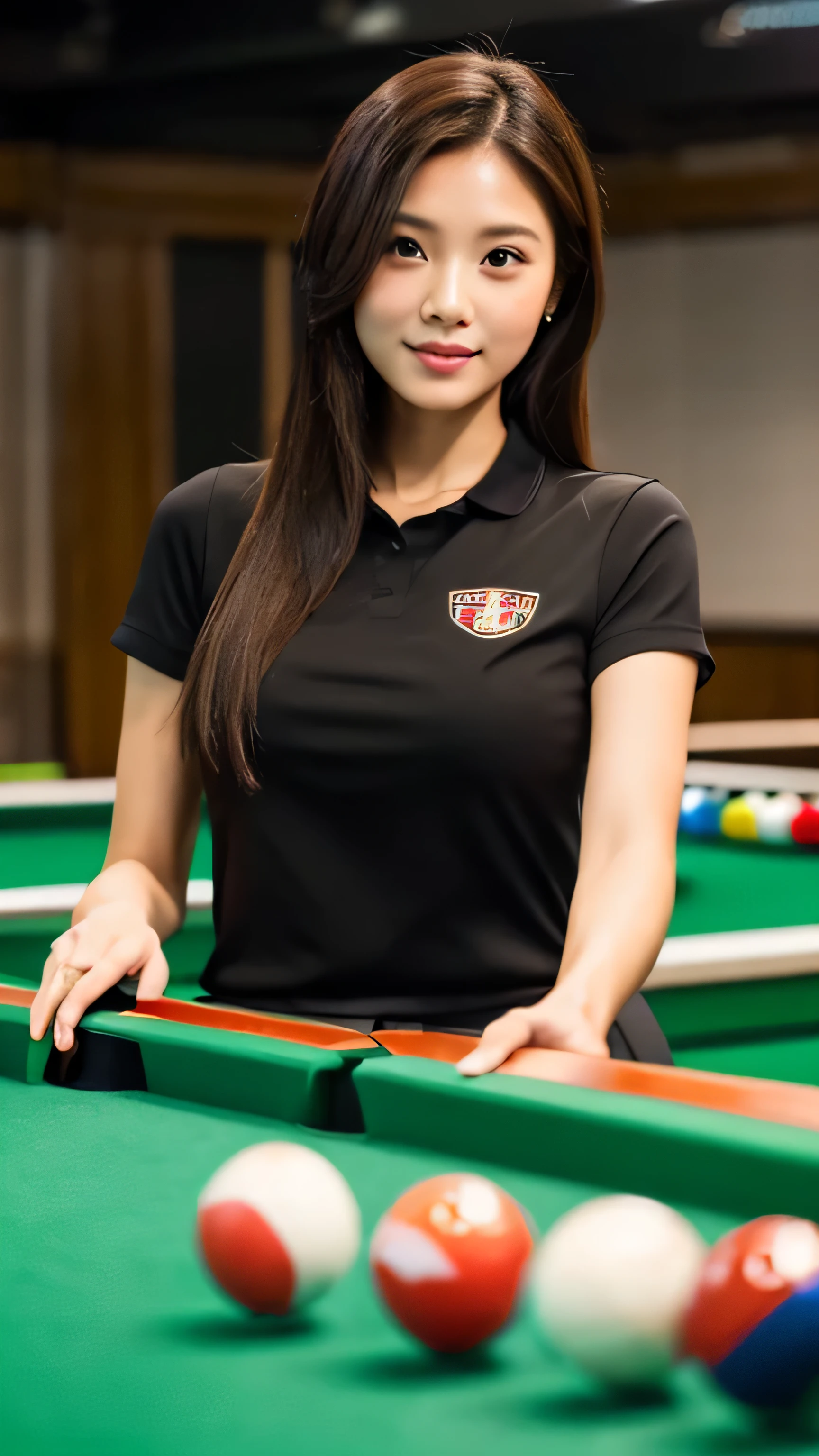 beautiful woman playing billiards, ,billiards uniform, 4k, High resolution, masterpiece, highest quality, fine skin