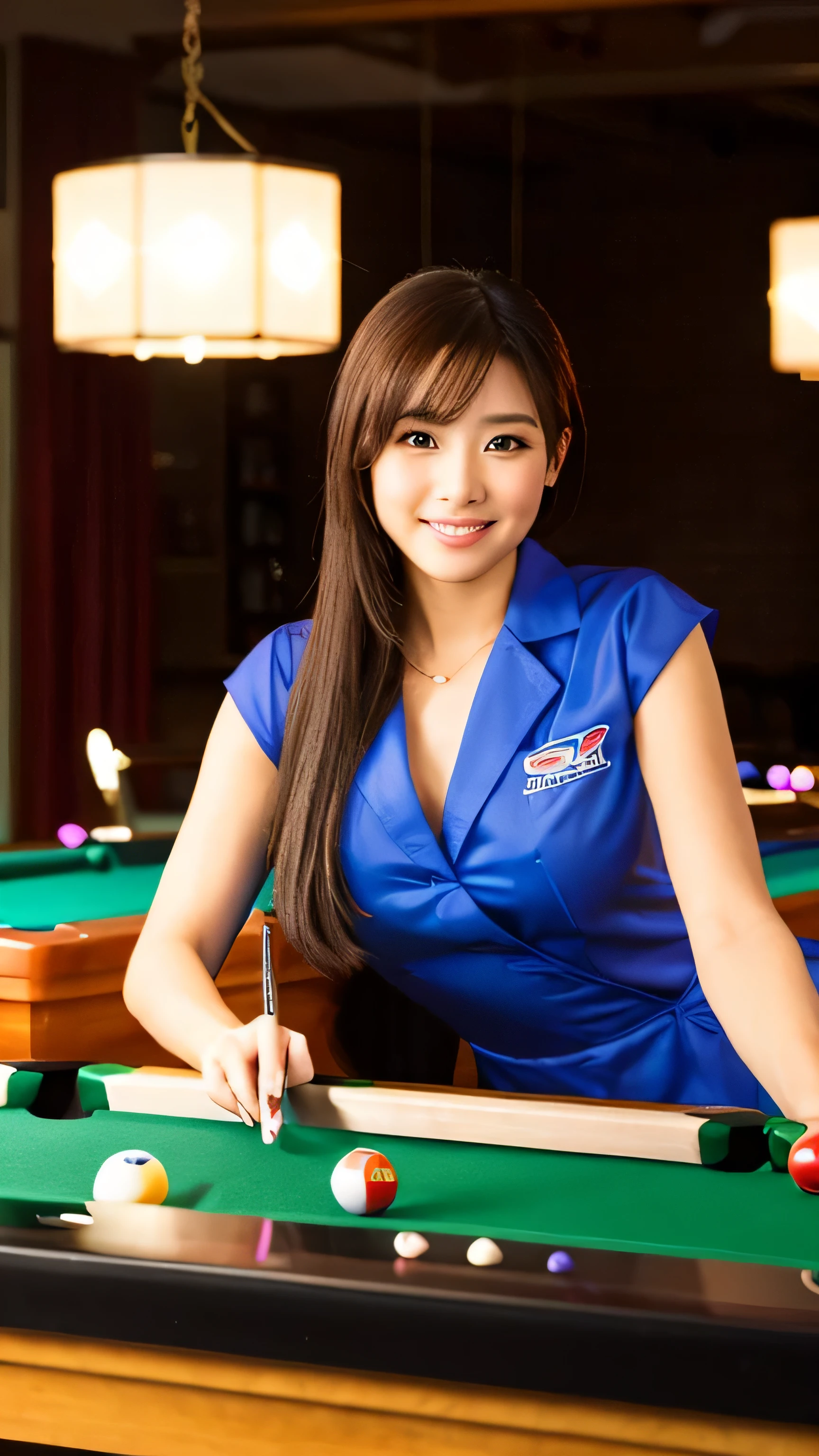 beautiful woman playing billiards, ,billiards uniform, 4k, High resolution, masterpiece, highest quality, fine skin