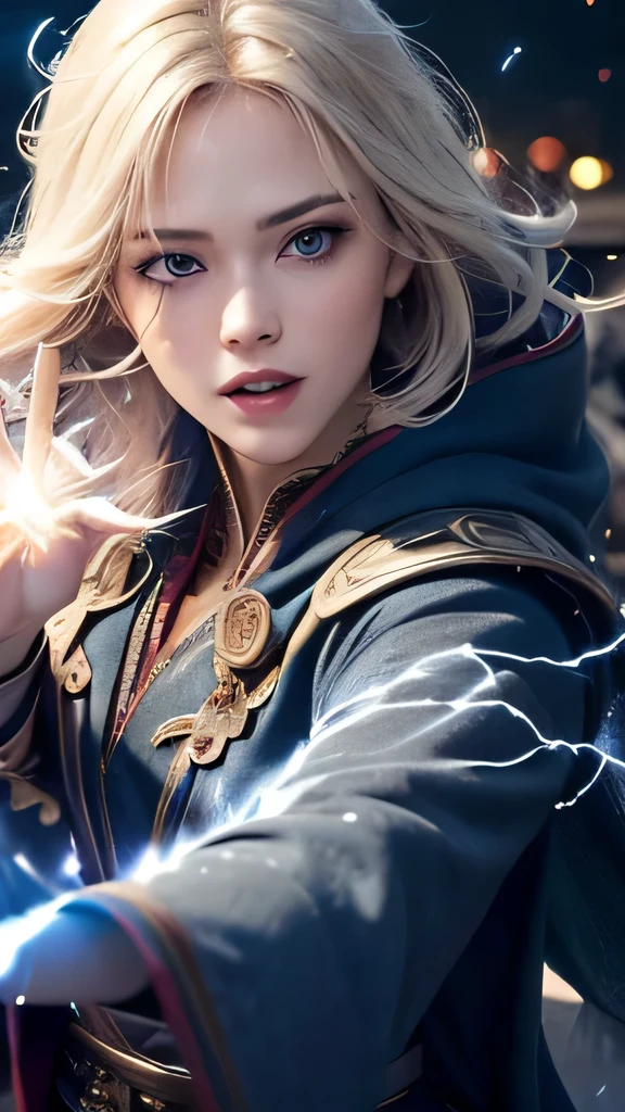 (super high quality:1.2), (Super detailed:1.2), (Super detailed clothes:1.2), (Super detailed face:1.2), (Super detailed eyes:1.2), (Super detailed body:1.2), (Super detailed weapons:1.2),(skin dents:1.5), realistic, 超realistic, (masterpiece:1.5), intricate details, very detailed, realistic, octane rendering, 8k, unreal engine, dynamic pose, highest quality, High resolution, (realistic face:1.1), (超realistic:1.1), ((full_body)), perfect eyes,(shiny skin:1.2), (((hairstyle))), (((perfect hands))), (very detailed背景), ((dynamic background)), ((lightning)), (light), ((1 girl)), wearing a cloak, (((flowing cloak))), ((fine eyes, high quality eyes, high quality face)), (very intricate robe, magical robes), short hair, casting lightning, electricity, swirling fire, radiation force, spark, cigarette, magic, ((dramatic)), wonderful, battlefield, written boundary depth, Bokeh, 4k, gothic, human, particle, blonde, light colored hair, blue eyes,