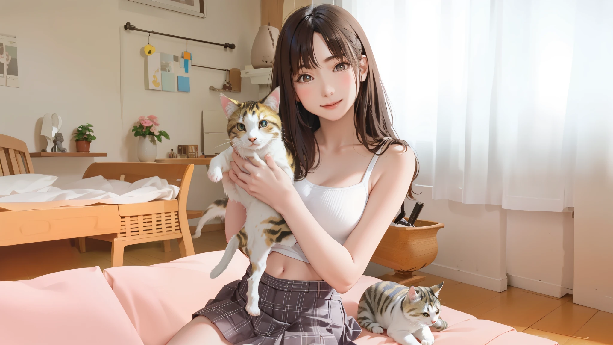 (high quality、8K、ultra hd、Beautiful 16 year old Japanese woman with a kitten on her lap)、Tank top、mini skirt、A happy smile、whole body、random pose、A cute pop room with kittens、digital painting、concept art、3D lighting、2D rendering、art germ、ArtStat Trends、pop of color、pop art、Realistic depiction like a photo