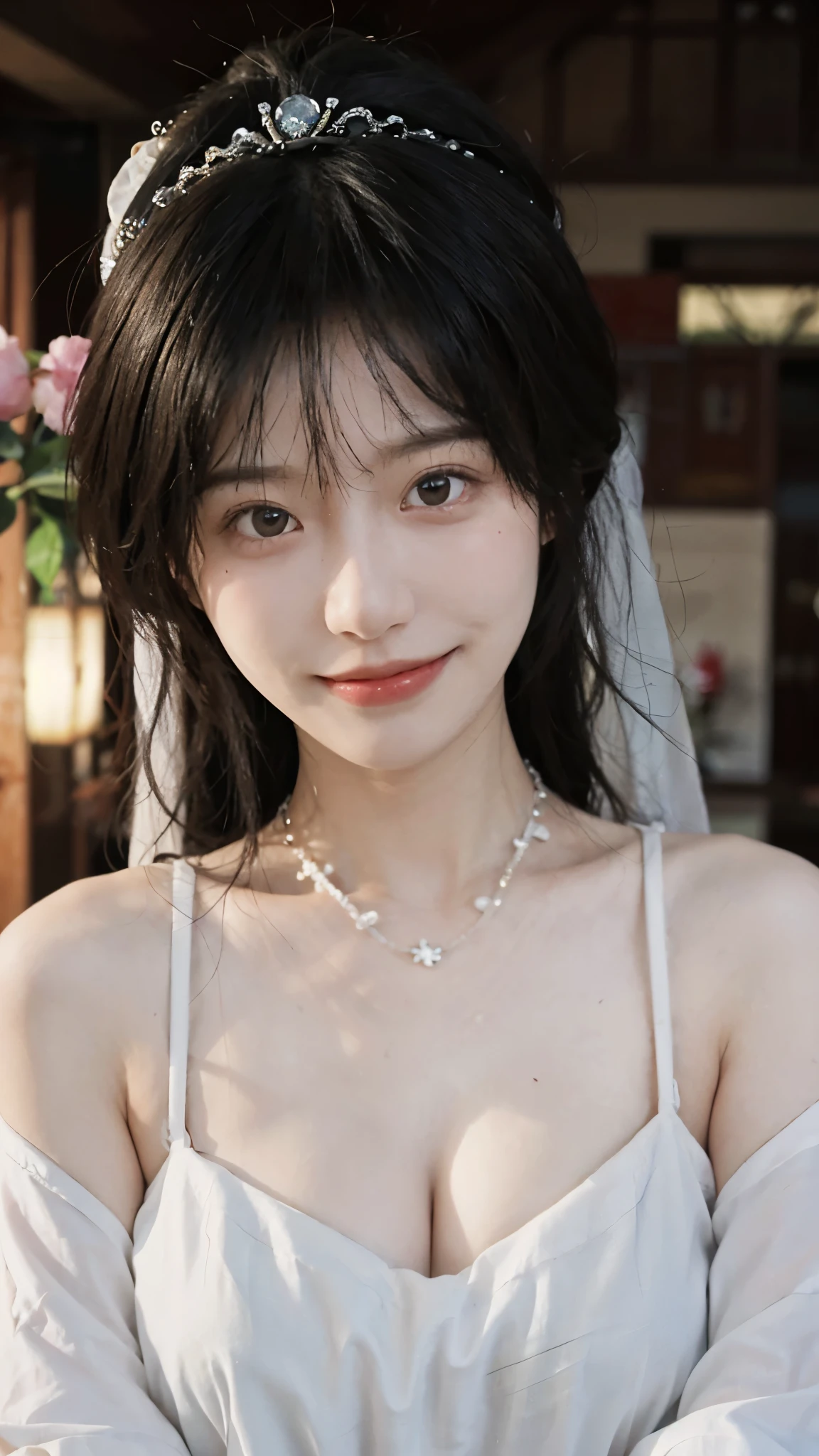 best qualtiy， 超高分辨率， （realisticlying：1.4），cute hairpin，Baoyu Girl，Stand in the wedding hall，Wearing a white wedding dress，（flatchest：1.2） ，A pair of clear and moving peach blossom eyes,Royal Sister，sunshine on face，Big wavy hairstyle，（choker necklace：1.2），（Fair skin：1.4），a sense of atmosphere，a beauty girl， ssmile，head straight-looking at viewer， closeup cleavage ，(Photorealistic:1.4),1girll,Sexy,(Upper body:1.4),(Wet body),(:1.2)