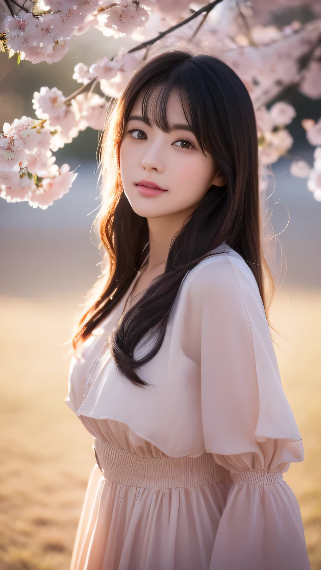 (logo、masterpiece、8k、table top、RAW photo、wonderful、最high quality、フォトリアリスティックでvery detailedな CG 統合 8k 壁紙、high quality、very detailed、Narrative poem、particle effects、dynamic effects、written boundary depth、cinematic light、Lens flare、ray tracing)、fantasy、 (1 beautiful woman、dress、dress、cherry blossom pattern、black haired、beautiful face、real face、beautiful details eyes beautiful skin)、髪がWindで踊る、Hair flutters in Wind、hair bounces、pink cherry tree、petals dance、SakuraFubuki、wonderful景色、sunrise、sun on background、Wind、