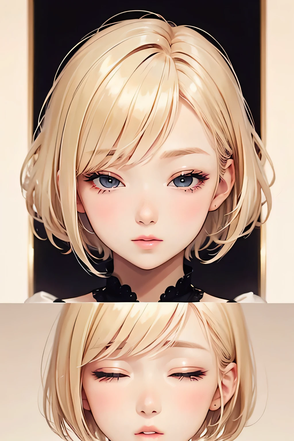 blonde、short hair、girl1、close up of face、close ~ eye、kissing mouth、Date attire