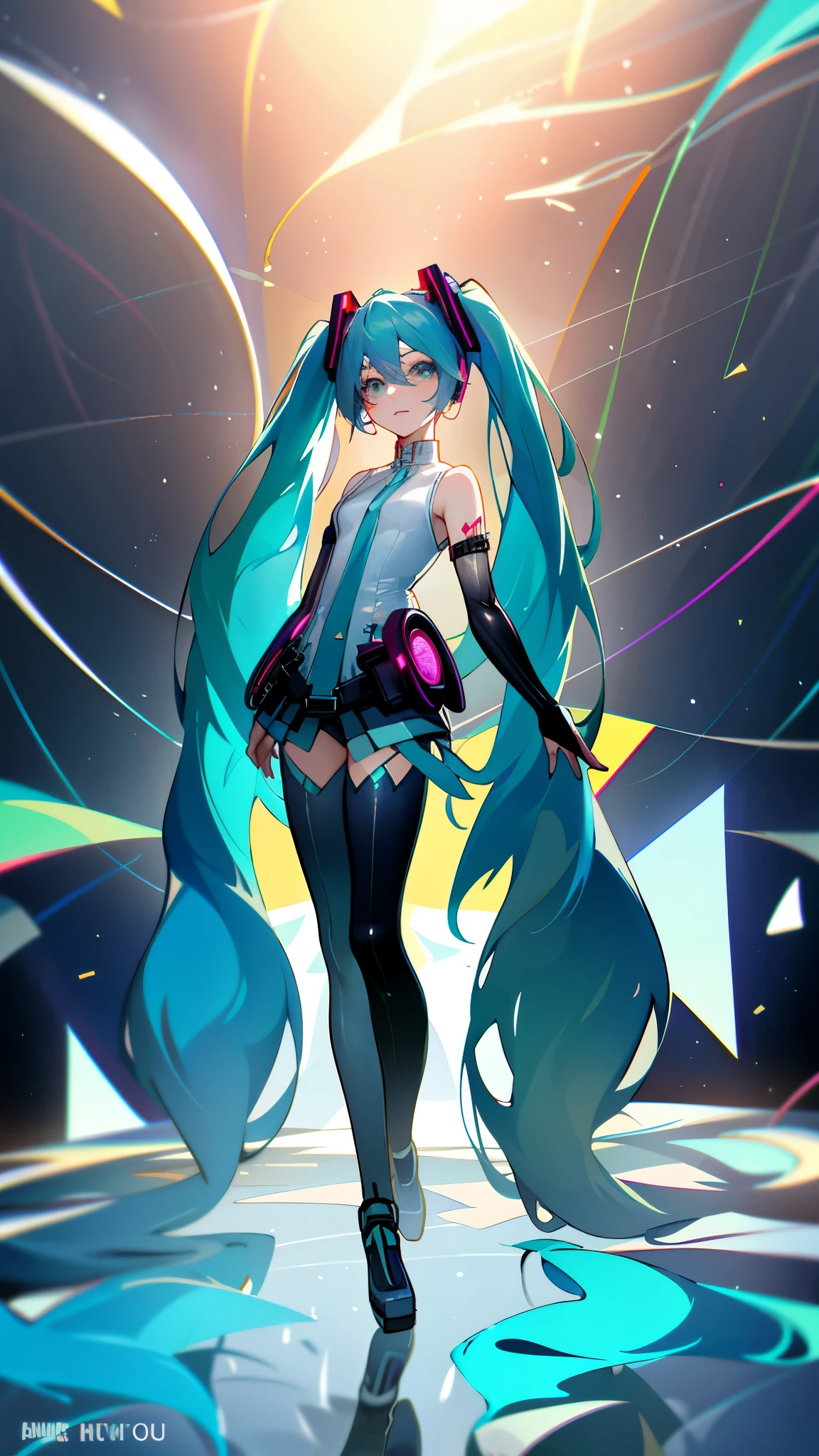 An anime character with long blue hair and a black skirt walking, friends, Hatsune Miku, from Arknights, singing voice, mikudayo, Fashion Design, Hatsune Miku short hair, 清晰的Fashion Design, Produced by Anime Painter Studio, Portrait of Hatsune Miku, full-body xianxia, Popular topics on artstation pixiv
