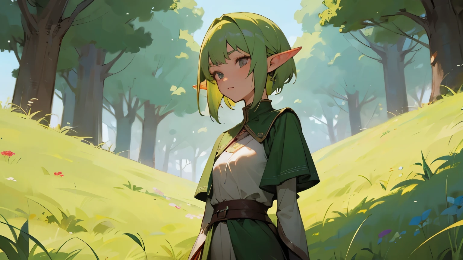 elf woman from the front with short dull grass green hair with dull crimson eyes with a small bust and clothes from the middle ages but made of fabric with an innocent look