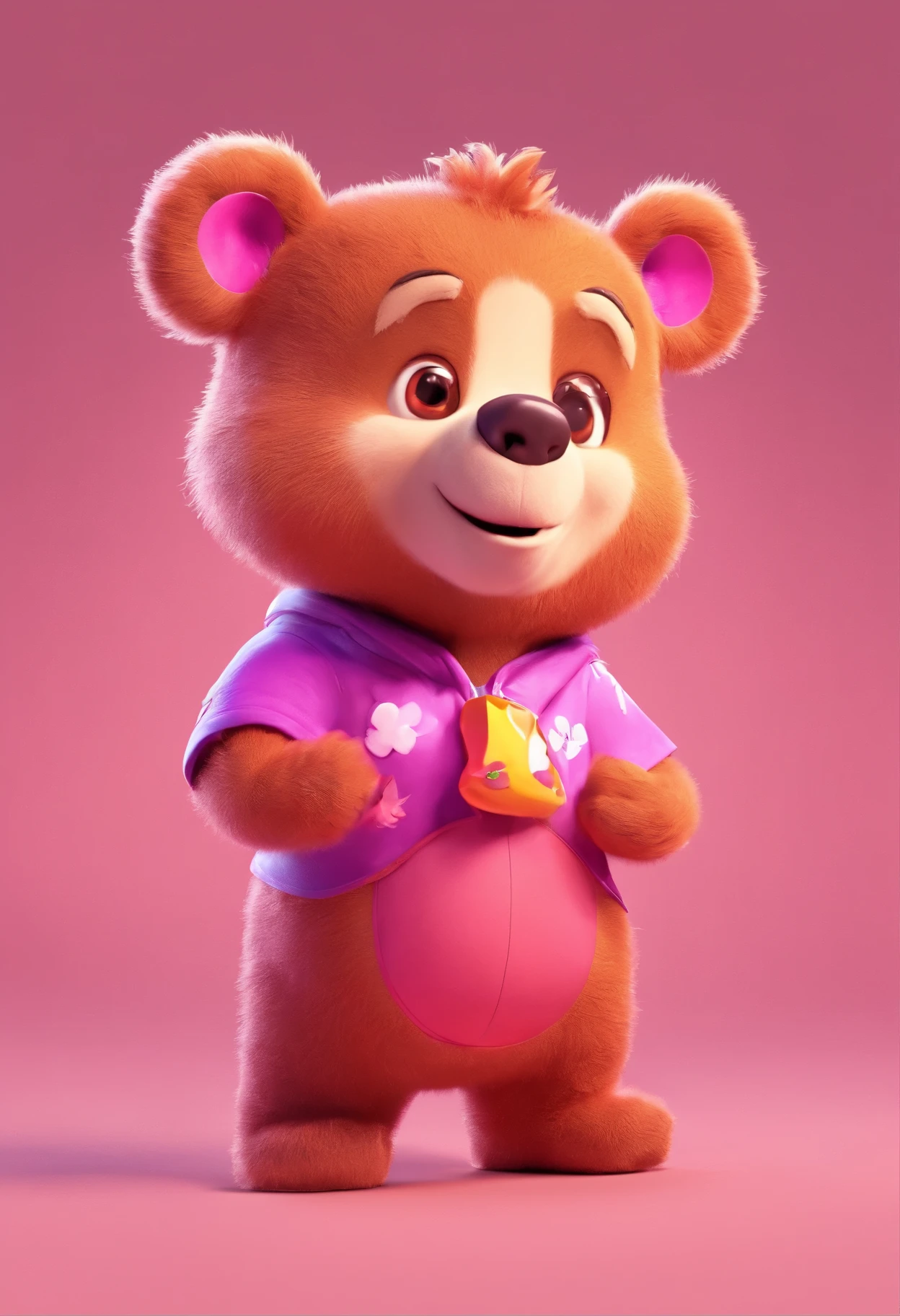 Illustration of a little bear，Full body image，pink color，The smile is bright，happy smile，laugh out loud，Lively running，Drawn in 3D art style, c4d, pure white background, disney style, Hyper-detailed rendered illustration from Pixar style, 8k，Lotso