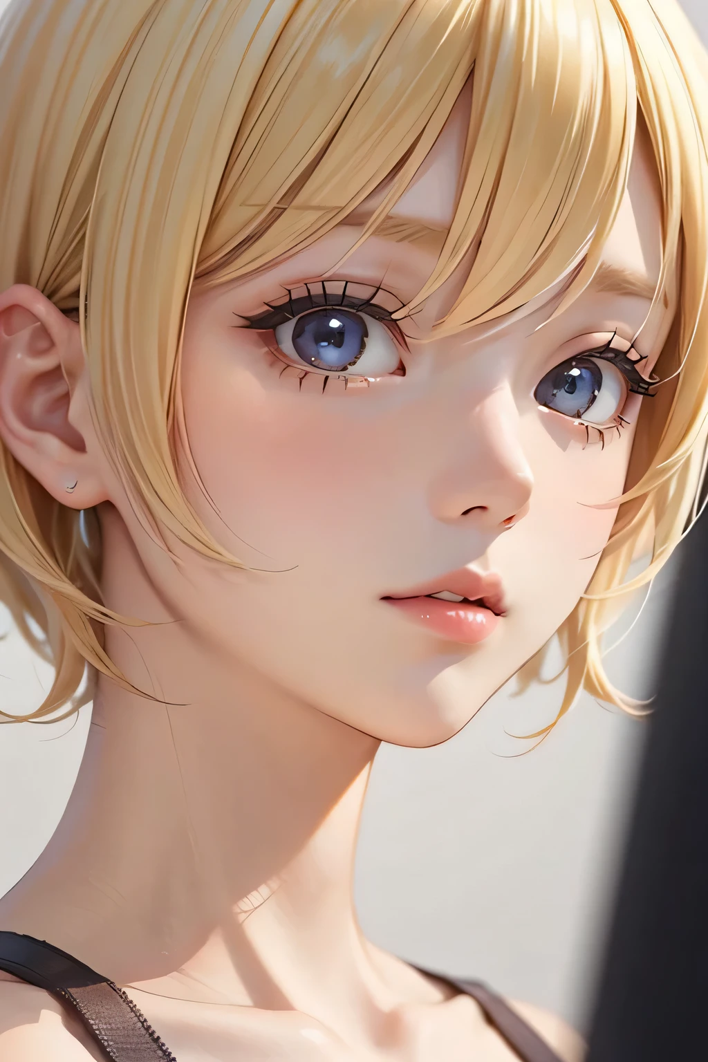 blonde、short hair、girl1、close up of face、girlが男の首筋に口づけ