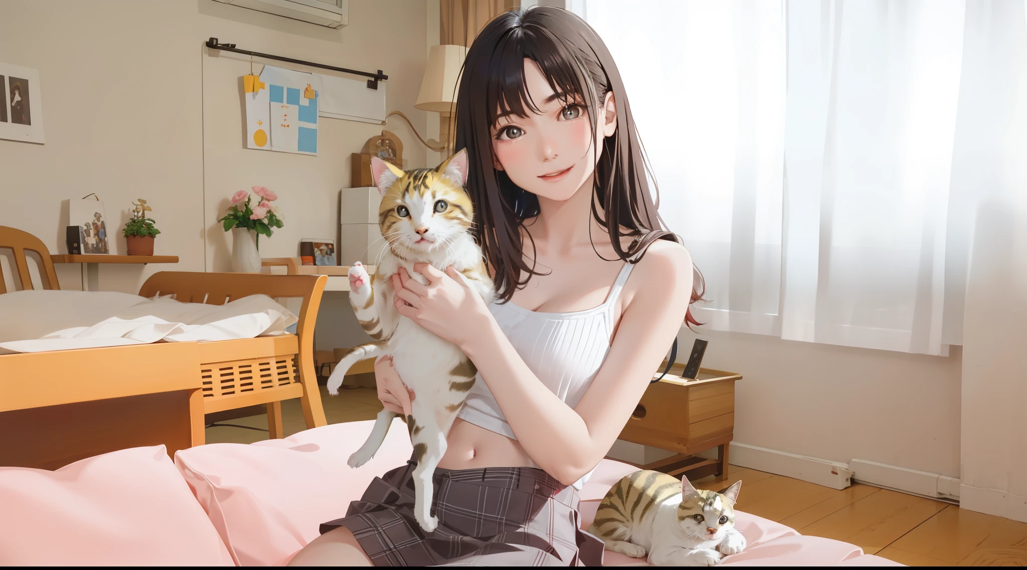 (high quality、8K、ultra hd、Beautiful  Japanese woman with a kitten on her lap)、Tank top、mini skirt、A happy smile、whole body、random pose、A cute pop room with kittens、digital painting、concept art、3D lighting、2D rendering、art germ、ArtStat Trends、pop of color、pop art、Realistic depiction like a photo