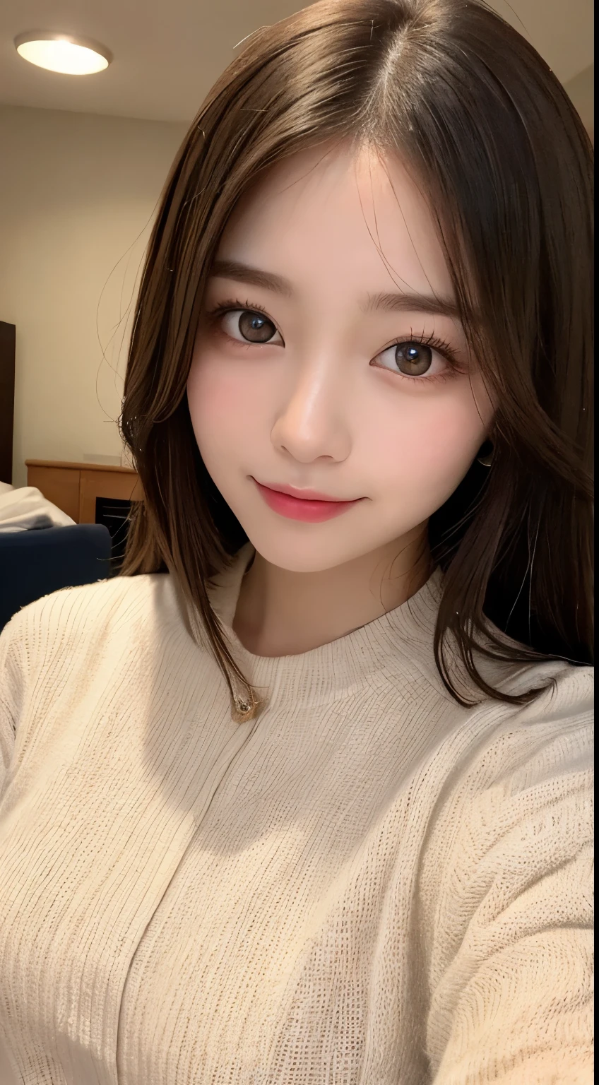 table top, highest quality, shape, Super detailed, finely, High resolution, 8k wallpaper, 完璧なダイナミックな構shape, beautiful and detailed eyes, Tokyo trend knit dress, small breasts, natural color lip,gentle smile,20 year old girl、美しくdetailed face、perfect and beautiful face,Big eyes、美しくdetailed face、perfect and beautiful double eyelids、blur the background、perfect and beautiful face、Feminine poses、blur background、slim face and style、blur background、straight hair、Wear a luxurious mink coat、Bedroom（navy sheets）、lying in bed、 (get closer to the face, enlarge the face, face focus:1.0), break, (masterpiece, highest quality, Super detailed, detailed face, 8k)、real photos、perfect and beautiful face、blur the background