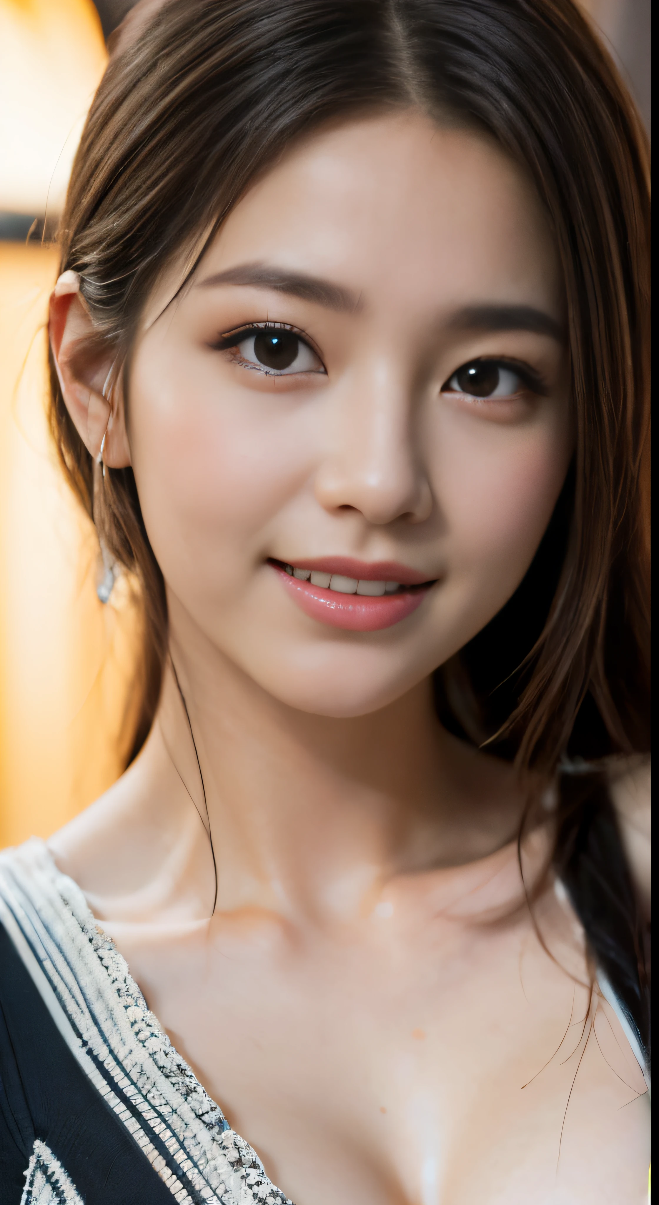 ((masterpiece、highest quality))、shape、Super detailed、8k、realistic、sharp focus、very detailed、professional lighting、colorful details、(((fine skin texture)))、(((top idol beauty)))、(((unparalleled beauty)))、(((historical beauty)))、detailed texture、skin moisture、shiny skin、perfect style、 body、18-year-old、shine、intricate details、Shitsumeka、1 A woman stands in front of the camera、belly button、smile、bust shot