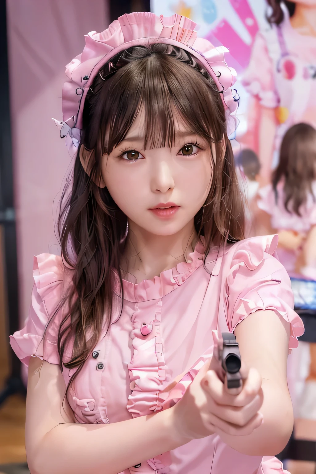 (masterpiece, highest quality, Super detailed, detailed face, 8k)、、slim、flat body、cute、(:1.23)、one girl、 (pink ruffle shirt:1.3)、hair band、Mind controlled cold eyes、small breasts、、parted bangs、head shot、(((To the audience, Hold the pistol)))