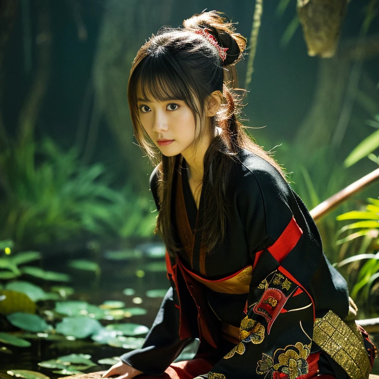 (masterpiece:1.3), high resolution, ultra detailed, extremely detailed CG unity 8k wallpaper, realistic, photo-realistic, RAW photo, Best Quality, 1 girl, Samurai, Full Body, Weapon, Sword, Katana, Long Hair, Black Hair, Ponytail, Solo, Night Jungle, looking far away, Broken Cloth, Floating Hair All Over, Jumper, Perfect Lighting, Perfect Shadow, Dynamic Pose, Movie, (Japanese Armor), Splash Background