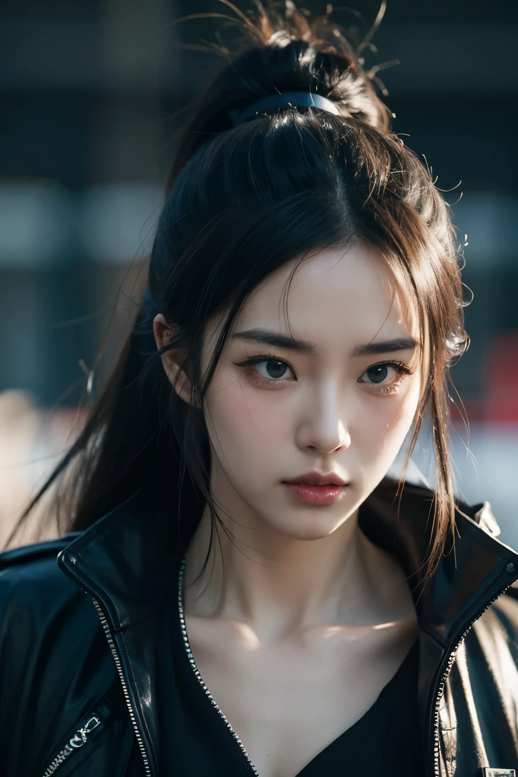 japanese manga, A woman wearing a black mask and a black jacket, Gurwitz style artwork, japanese manga cyberpunk art, guweiz, 4k japanese manga wallpaper, badass japanese manga 8 k, japanese manga style 4 k, digital cyberpunk japanese manga art, japanese manga wallpaper 4 k, japanese manga wallpaper 4k, 4k comic wallpaper, cyberpunk japanese manga art, Gurwitz Masterpiece，Wearing future technology armor，high ponytail