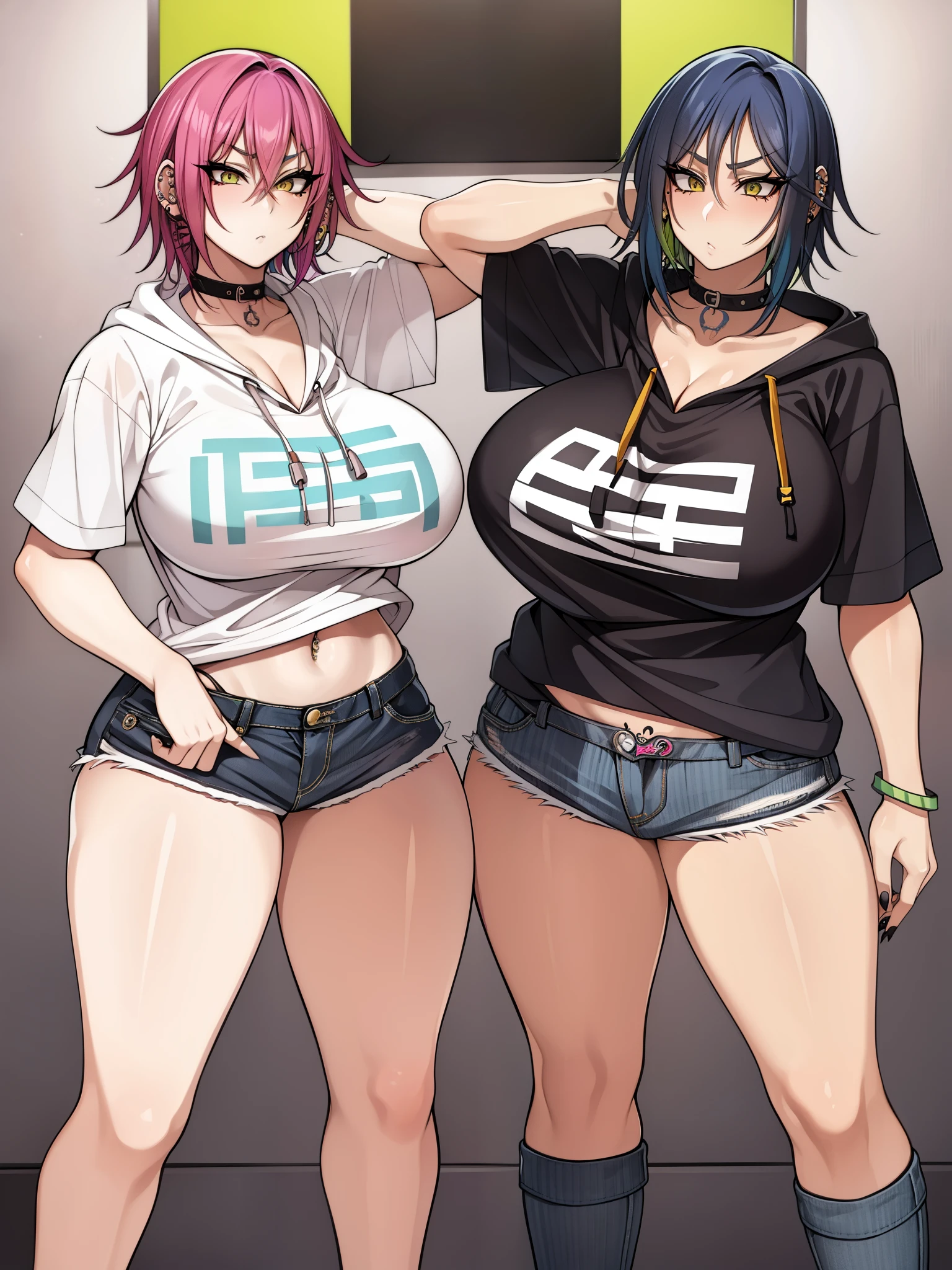 The most beautiful and sexy punk rock girls, rainbow colored hair, yellow eyes, wearing a hoodie, Graphic T-shirt and ripped skinny jeans, huge huge tits, showing cleavage, lots of tattoos and piercings, background doodle elements, perfect masterpiece, high quality, High resolution