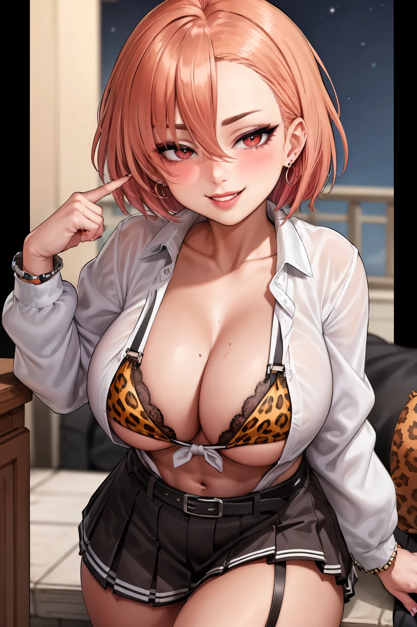 masterpiece, best quality, highres, 1girl, solo, red_eyeole_under_eye:0.9), detailed body, (detailed face:1.1), (perfect eyes), thick eyelashes, long eyelashes, (dark skin:1.3), perfect dynamic composition, (gyaru:1.2), cleavage, jewelry, earrings, open clothes, tied shirt, tented shirt, unbuttoned shirt, bra peek, lace-trimmed bra, (leopard print:1.2), belt, pleated skirt, lace-trimmed legwear, garter straps, see-through, hoop earrings, gal, evil smile, seductive smile, blush, seductive pose, (seductive smile:1.4), thick lips, (huge lips:1.2), (massive lips: 1.2), (parted lips:1.2), (thick lips:1.4), street, night sky, (shiny skin, gleaming skin), looking at viewer,