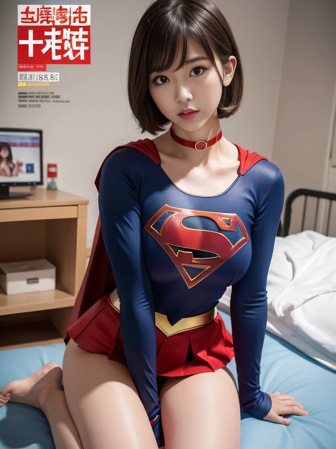 masterpiece、supergirl costume、short hair、barefoot、big and full breasts、Crisis situation、operating room、operating table、straddle、Sweat、shiny、look at the camera、provocation、Estrus、choker、Weekly magazine cover、long sleeve、red mini skirt、obscene pose、Seduce、
