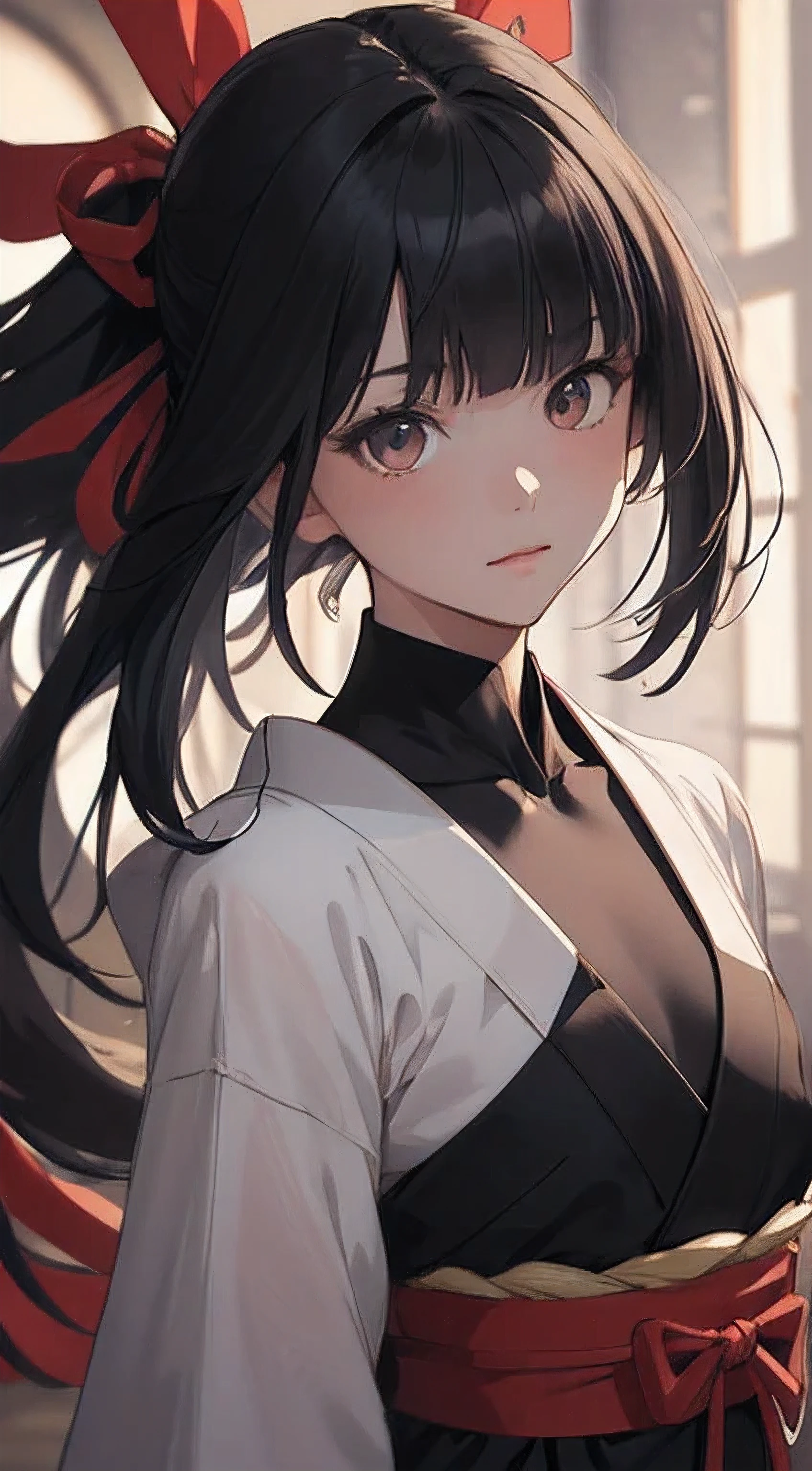 (Fantasy illustration:1.5), (alone:1.2), (japanese manga,8k,masterpiece, top quality, best quality,Beautiful and beautiful:1.2,Professional illustration:1.1,Super detailed:1.3,perfect lighting), Very detailed, most detailed, Extremely ridiculous, high resolution, Super detaileded, complicated:1.6, (girl), Very detailed beautiful face and eyes, beautiful hair, bob hair, blunt bangs, (black hair:1.4), (red ribbon behind hair:1.2), ( samurai general akatsuki's Nakoru Suit:1.2), Guess the skin, (Abstract:1.2), beautiful, Subei Subei, (short,medium chest), Sense of speed, Dagger Master,