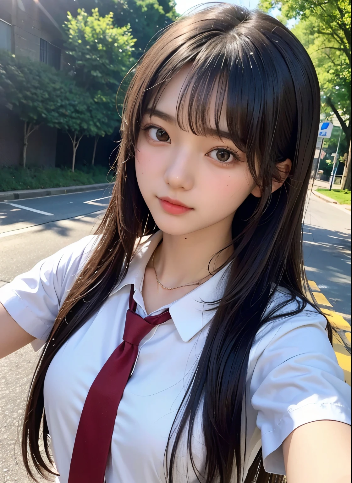 highest quality))、(masterpiece:1.3)、Raw photo、8k、(best image quality)、(highest resolution)、Beautiful face in every detail、realistic、Photoreal、(the most beautiful woman:1.3)、(the finest woman:1.3)、high school girl、(small face)、long hair、straight hair、school uniform、(high school girl uniform)、(The prettiest girl)、(The queen bee:1.3)、(The cutest girl)、(She's Out of my league)、(the most beautiful girl in school:1.3)、(country road:1.3)、(Luxury woman:1.3)、(school queen:1.3)、(With bangs)、(Commuting to school)、((18 year old beauty))、beautiful hair、long neck、tie、everyone admires、summer、short sleeve、red cheeks、(Big eyes)、necklace、cute hairstyle、[[[smile]]]、watch