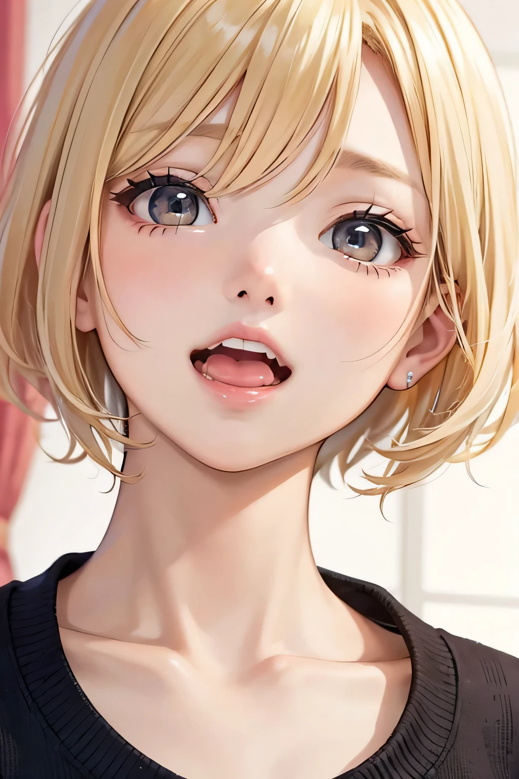 blonde、short hair、girl1、close up of face、open your mouth and smile、room background