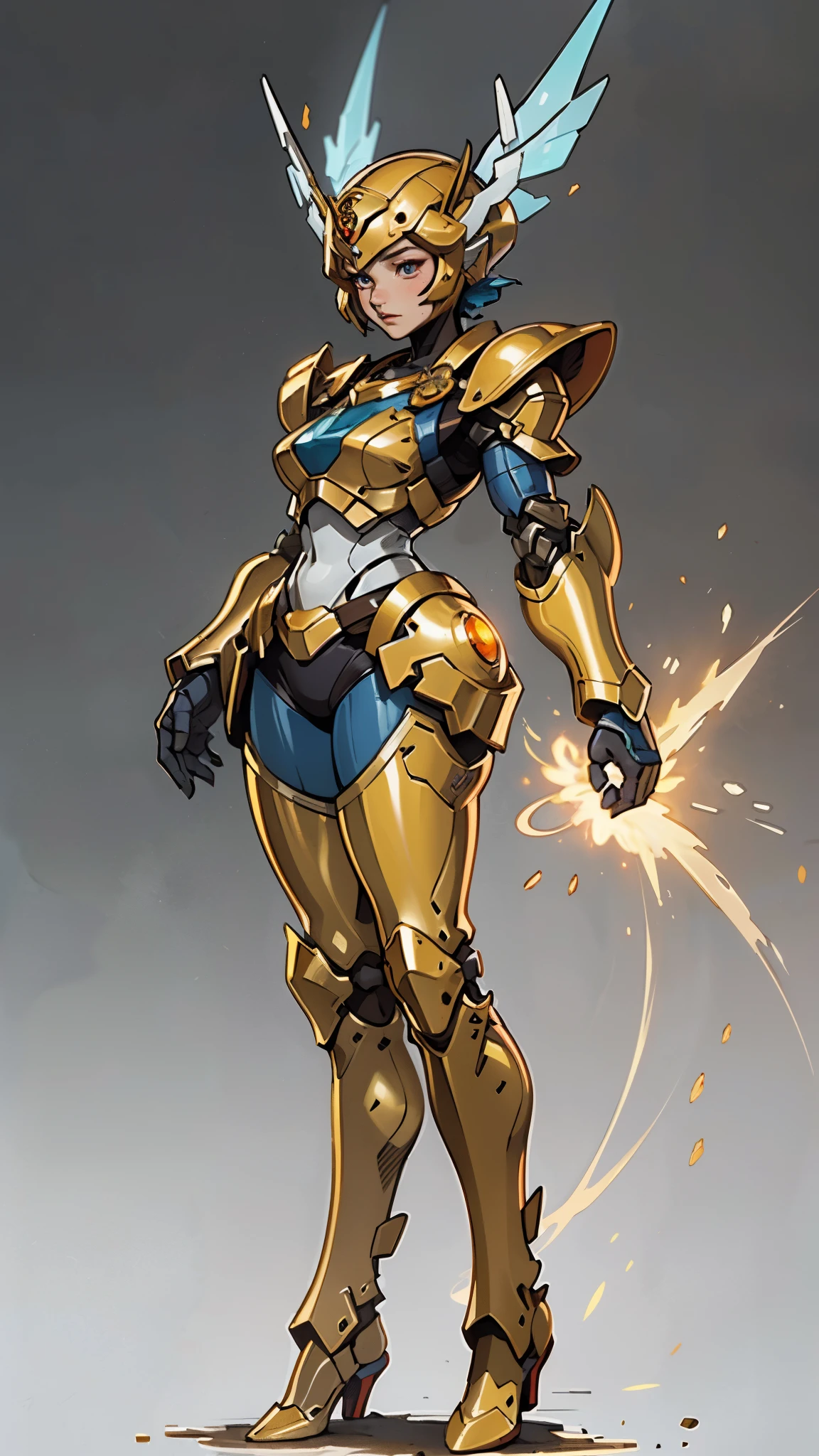 A woman adorned in fantasy-style full-body armor, a crown-concept fully enclosed helmet that unveils only her eyes, a composite layered chest plate, fully encompassing shoulder and hand guards, a lightweight waist armor, form-fitting shin guards, the overall design is heavy-duty yet flexible, ((the armor gleams with a golden glow, complemented by red and blue accents)), exhibiting a noble aura, she floats above a fantasy-surreal high-tech city, this character embodies a finely crafted fantasy-surreal style armored hero in anime style, exquisite and mature manga art style, (Queen bee mixed with Spider concept Armor, plasma, blood), ((Element, energy, elegant, goddess, femminine:1.5)), metallic, high definition, best quality, highres, ultra-detailed, ultra-fine painting, extremely delicate, professional, anatomically correct, symmetrical face, extremely detailed eyes and face, high quality eyes, creativity, RAW photo, UHD, 32k, Natural light, cinematic lighting, masterpiece-anatomy-perfect, masterpiece:1.5