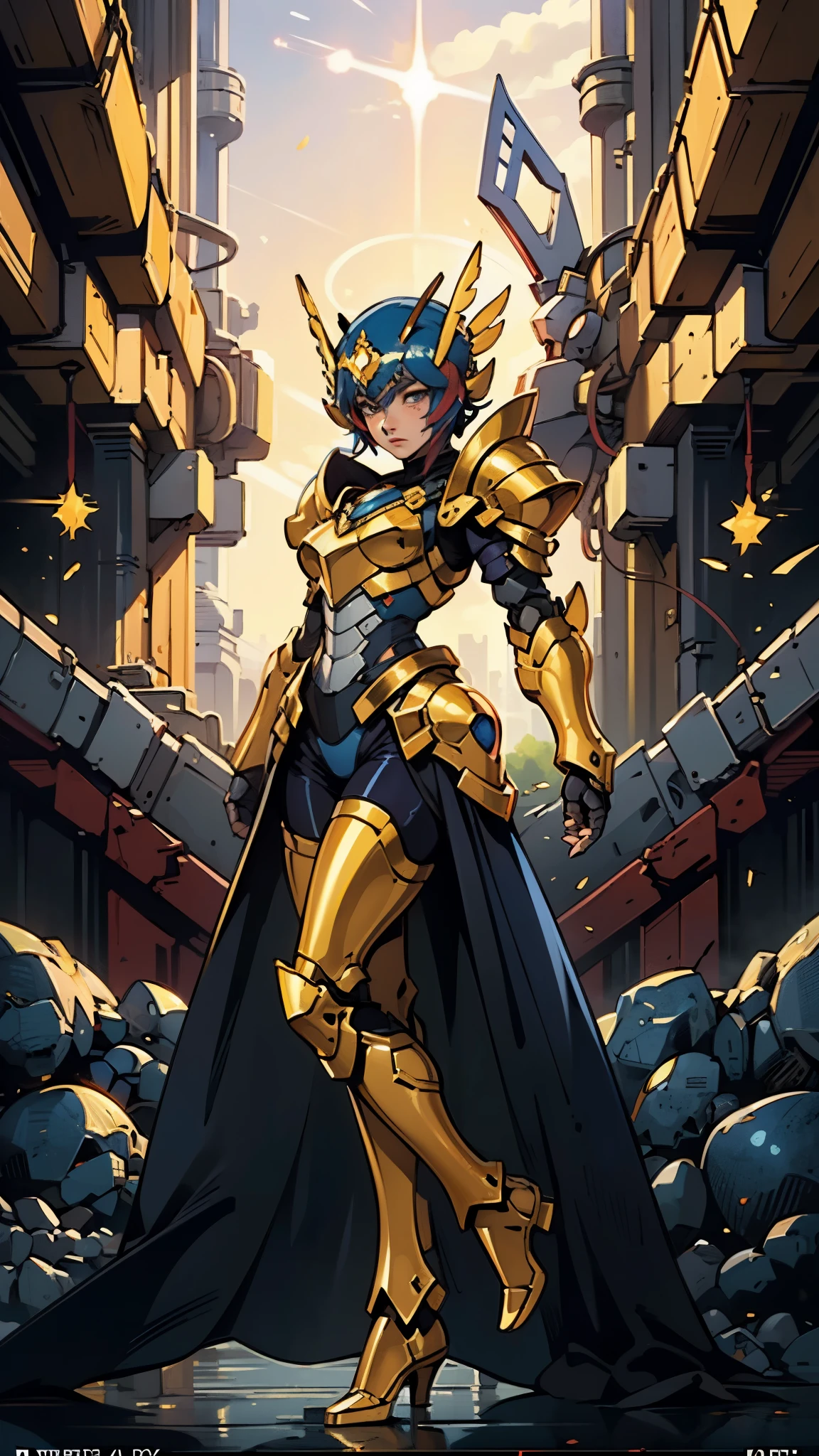 A woman adorned in fantasy-style full-body armor, a crown-concept fully enclosed helmet that unveils only her eyes, a composite layered chest plate, fully encompassing shoulder and hand guards, a lightweight waist armor, form-fitting shin guards, the overall design is heavy-duty yet flexible, ((the armor gleams with a golden glow, complemented by red and blue accents)), exhibiting a noble aura, she floats above a fantasy-surreal high-tech city, this character embodies a finely crafted fantasy-surreal style armored hero in anime style, exquisite and mature manga art style, (Queen bee mixed with Spider concept Armor, plasma, blood), ((Element, energy, elegant, goddess, femminine:1.5)), metallic, high definition, best quality, highres, ultra-detailed, ultra-fine painting, extremely delicate, professional, anatomically correct, symmetrical face, extremely detailed eyes and face, high quality eyes, creativity, RAW photo, UHD, 32k, Natural light, cinematic lighting, masterpiece-anatomy-perfect, masterpiece:1.5
