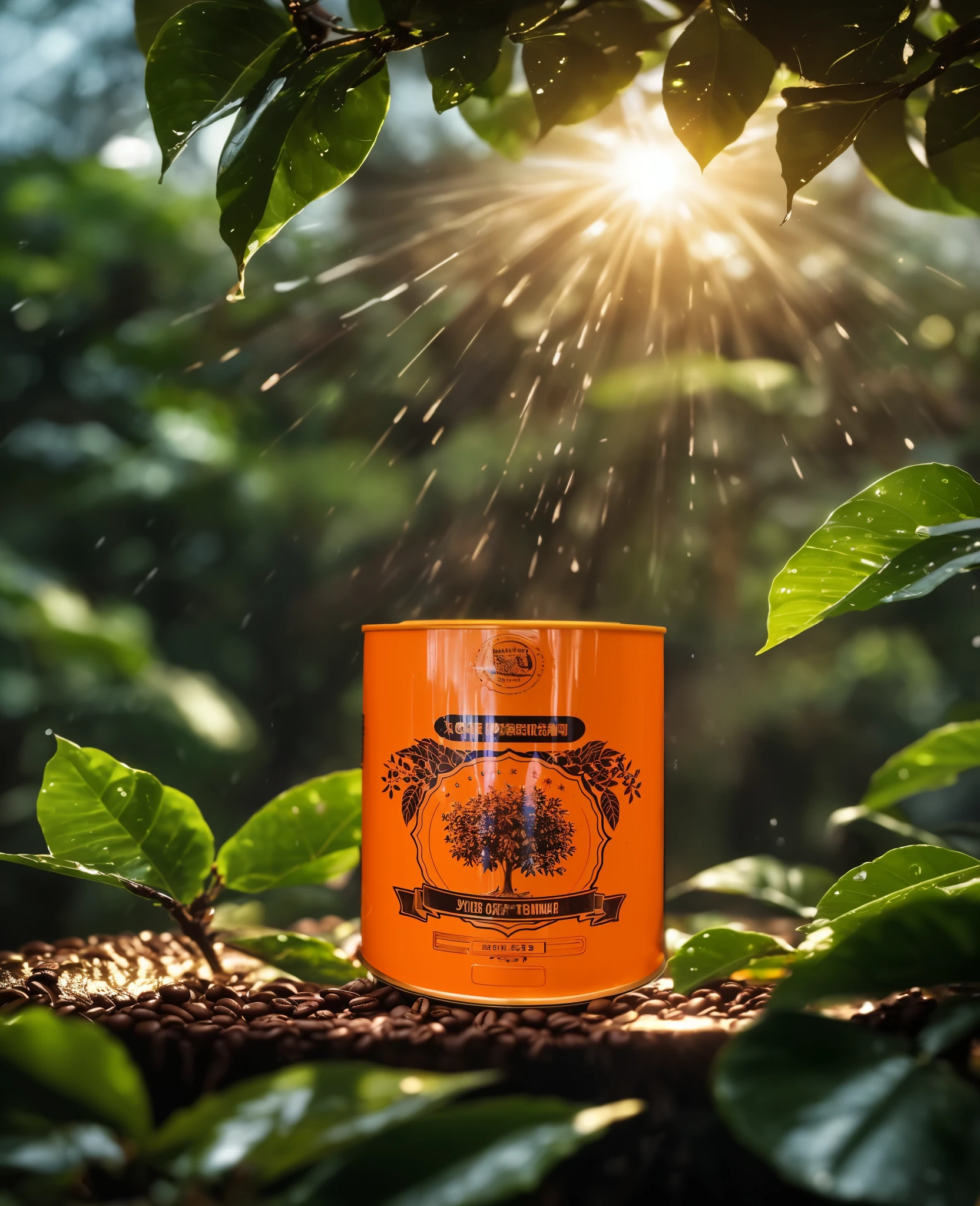 A can of coffee in the center, After the rain, Sunlight, Coffee tree, Ultra-detailed, epic work, ultra high definition, high quality, Very detailed, official art, unified 8k wallpaper, Ultra-detailed, 32k，Realistic，product picture，Real afternoon lighting
