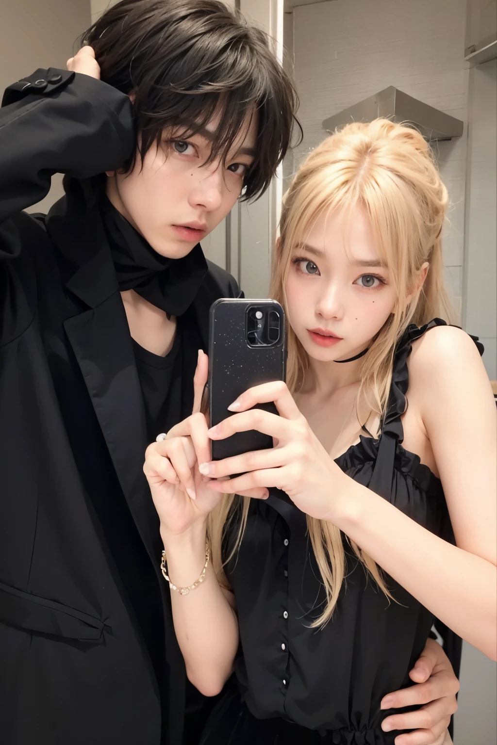 blond woman in black dress taking selfie with man in black tuxedo, ulzzang, lalisa manobal, ( ( misa amane # ) ), jia, nixeu and sakimichan, lalisa manoban of blackpink, kda and sam yang, the hime cut, leaked image, sha xi, lv, tumblr, cai xukun, Jeon Jungkook and Jennie Kim