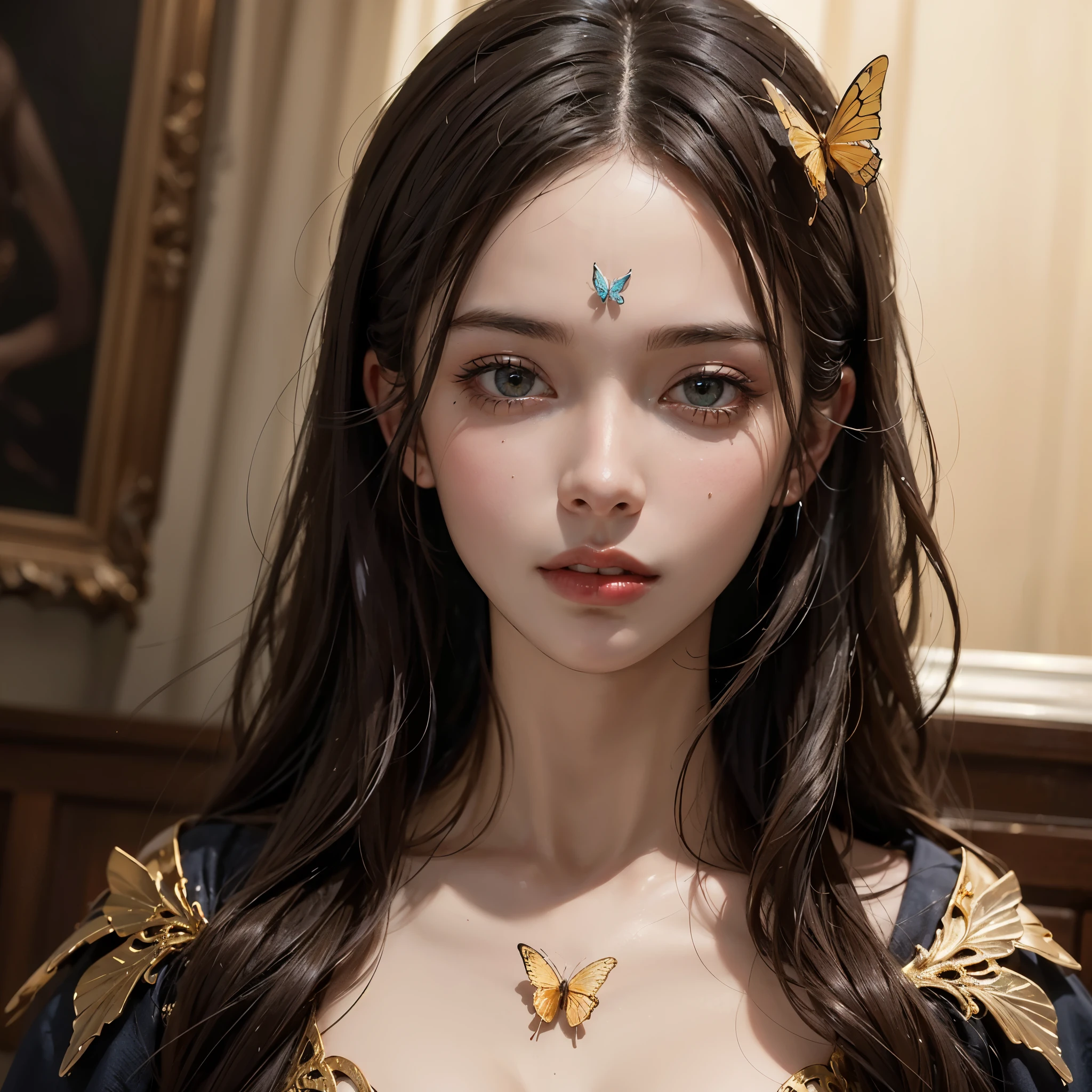 Top quality, masterpiece, detailed, perfect face, 8k portrait of beautiful cyborg with brown hair, intricate, elegant, highly detailed, majestic, digital photography, art by artgerm and ruan jia, greg rutkowski surreal painting gold butterfly filigree, wolf Tattoo, broken glass, side lighting, beautiful eyes in great detail: 1.2), hdr,size1920*1080,